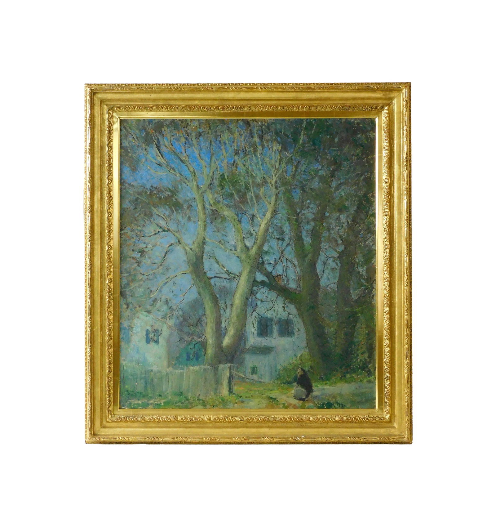 Helen Alton Farnsworth Sawyer Painting: (American/Washington D.C., 1900-1999). Oil on board. Signed and titled on verso: "Provincetown Back Street". Features a nocturnal scene with a figure seated under trees. Sight size: 31 1/2" high x 27