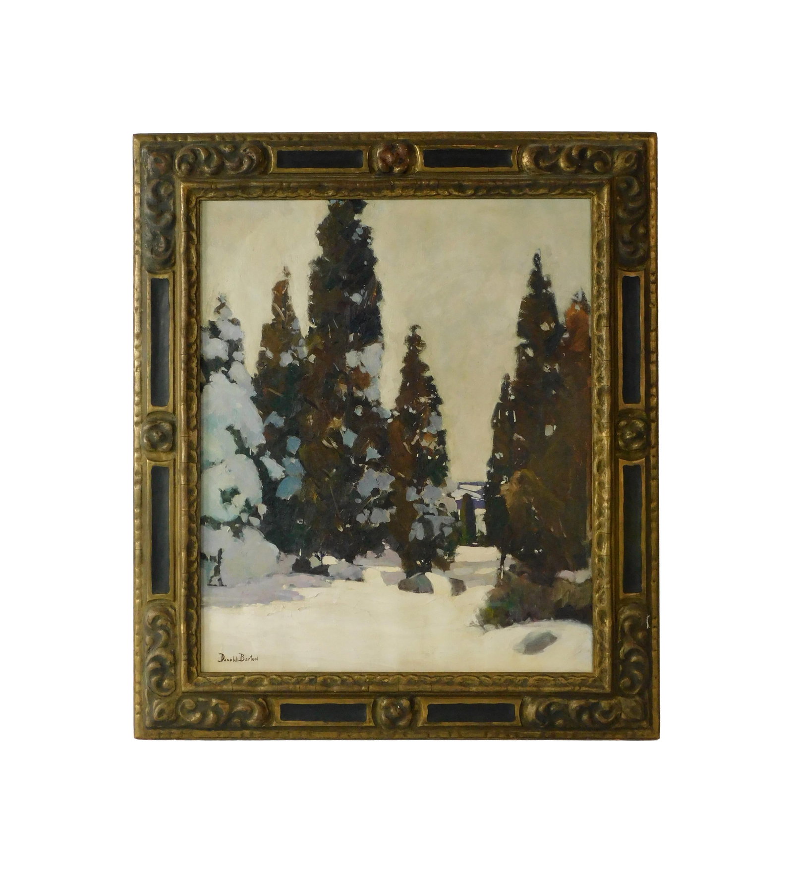 Donald Barton Painting: (American/Massachusetts, 1903-1990). Oil on canvas. Depicts a winter landscape. Signed lower left. Verso features original artist's label from Northshore Arts Association of Gloucester, dated 1925.