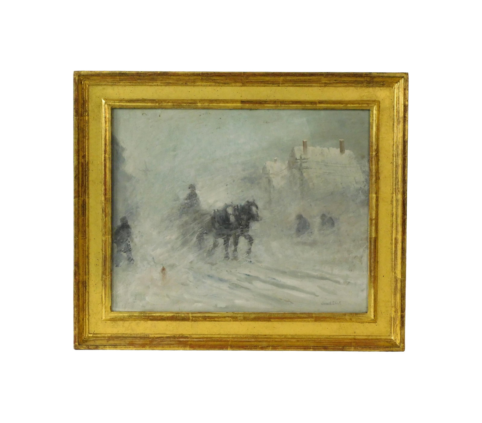 John A. Cook Painting: (American/Massachusetts, 1870-1931). Mixed media on paper. "Winter Storm, Gloucester". Features a blizzard street scene with horses and figures. Signed lower right. Sight size: 16" high x 19 1/2" wide