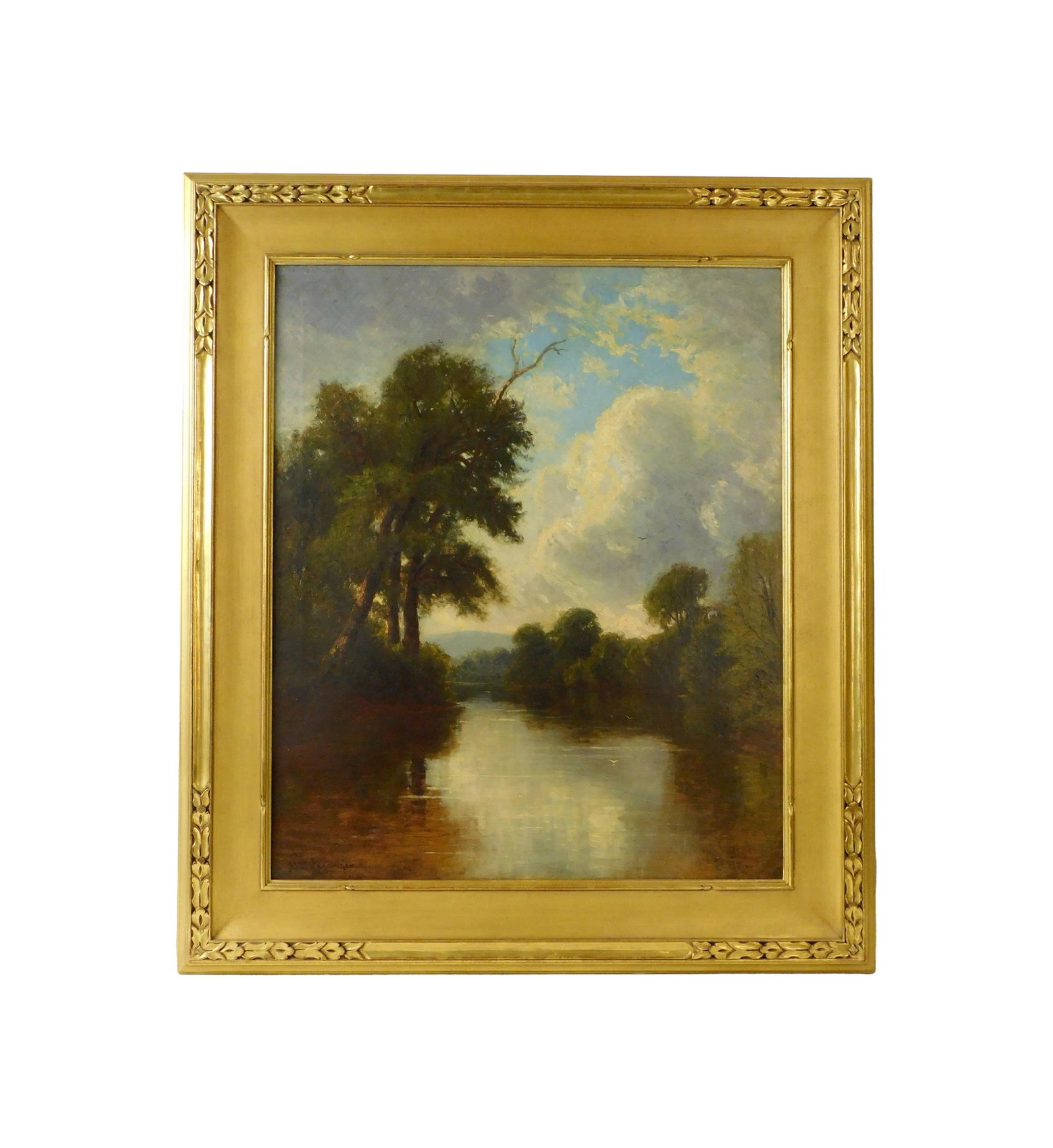 Nikolay Tysland Leganger Painting: (American, 1832-1905). Oil on canvas. Dated 1891 and titled on verso: "Esopus Creek, Kingston, NY". Signed "N.T. Leganger" lower left. Sight size: 30 1/4" high x 25" wide. In a carved and gilded frame