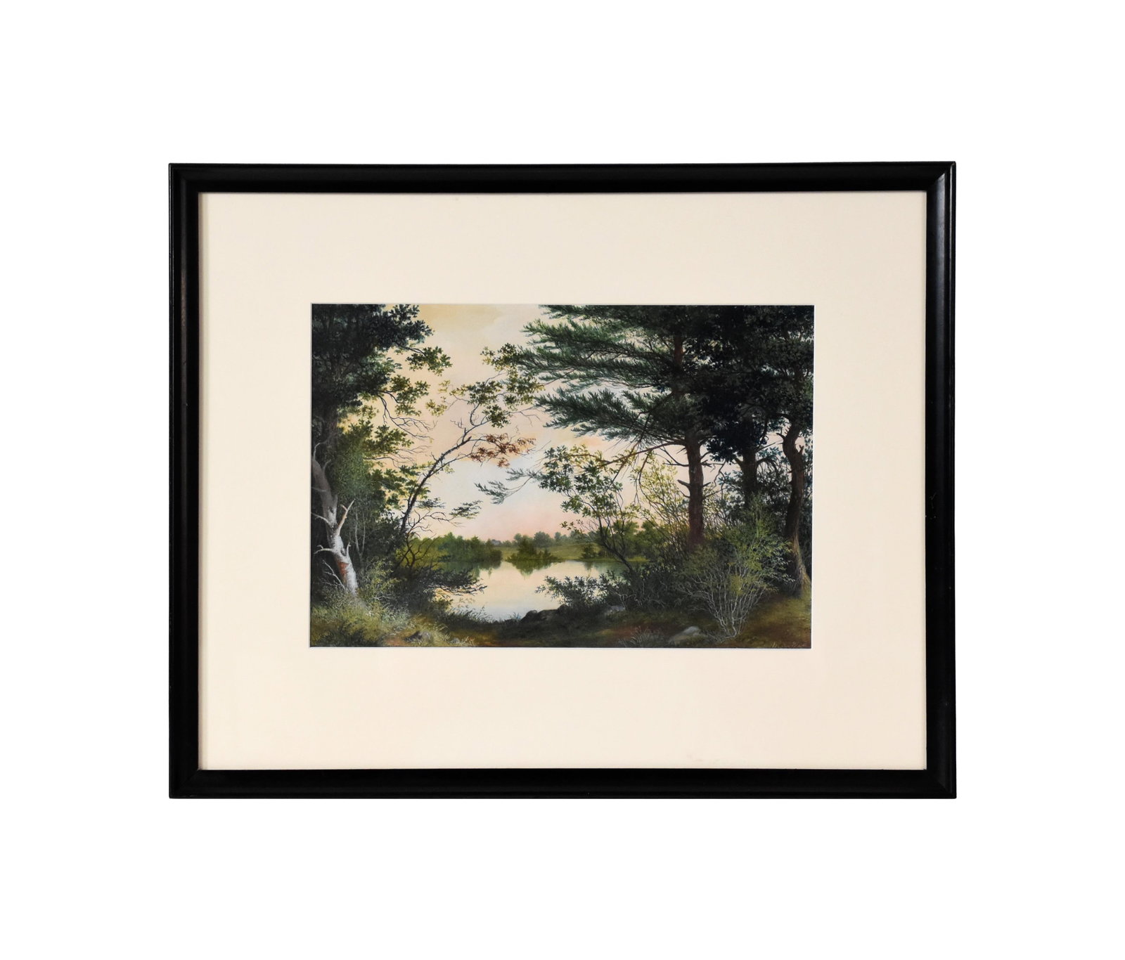 William Allen Wall Painting: (American/Massachusetts, 1801-1885). Double-sided artwork with watercolor and drawing. Recto is a watercolor titled: "Woodland Pond". Signed lower right "W.A. Wall". Verso features a preparatory sketc
