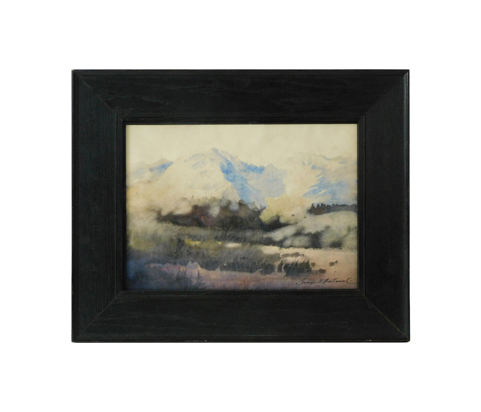 George Hawley Hallowell Painting: (American, 1871-1926). Watercolor. "Mountains". Signed lower right. Sight size: 9 1/2" high x 13 1/2" wide. In a period oak frame under glass measuring: 16" high x 20" wide. Provenance: Watercolor