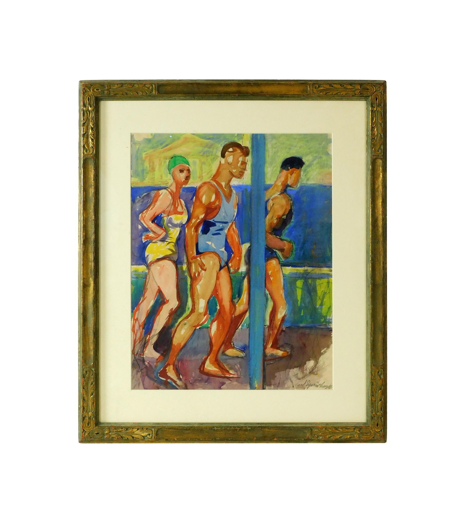 Carl Sprinchorn Painting: (American/Maine/New York 1887-1971). Watercolor on paper. "Three Bathers". Signed lower right. Sight size: 23 1/2" high x 18 1/4" wide. In a carved and gilded frame under glass measuring: 33 1/2"
