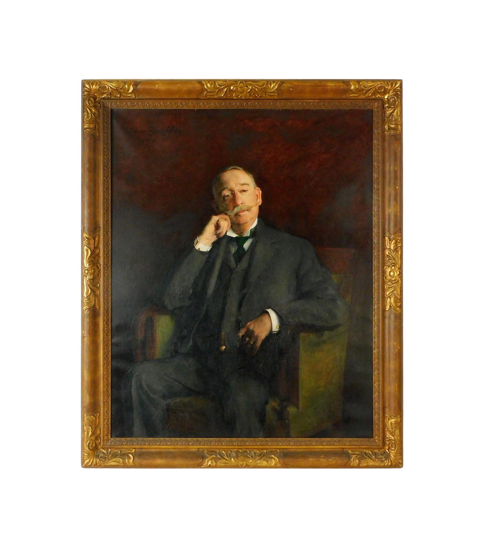 Marion Boyd Allen Painting: (American/California/Massachusetts, 1862-1941). Oil on canvas. Three-quarter portrait of a seated gentleman. Signed and dated 1918 upper left. Sight size: 49" high x 39" wide. In the original carved a