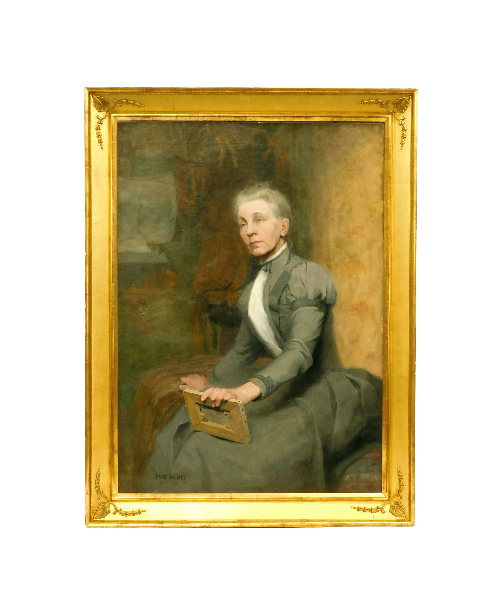Max Bohm Painting: (American/Massachusetts/New York/Ohio, 1868-1923). Oil on canvas. "Tanta Anna, 1890, Paris". Three-quarter portrait of the artist's Aunt Anna seated with an unframed painting in her hand. Signed and