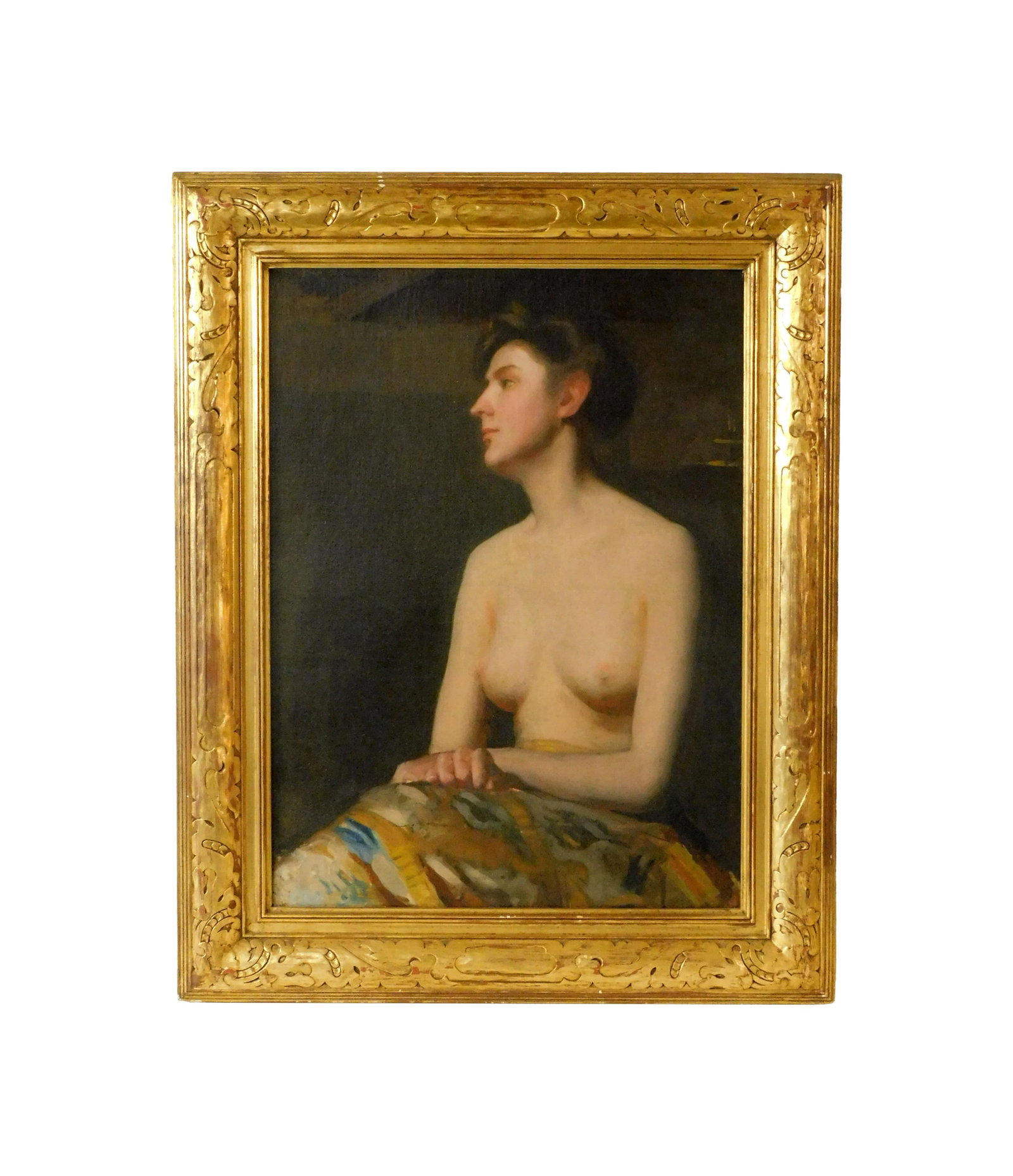 Leslie Prince Thompson Painting: (American/Massachusetts, 1880-1963). Oil on canvas. Portrait of a seated nude female figure. Unsigned but marked on stretcher "Leslie Thompson". Sight size: 26 1/2" high x 19 1/2" wide. In an ornate c