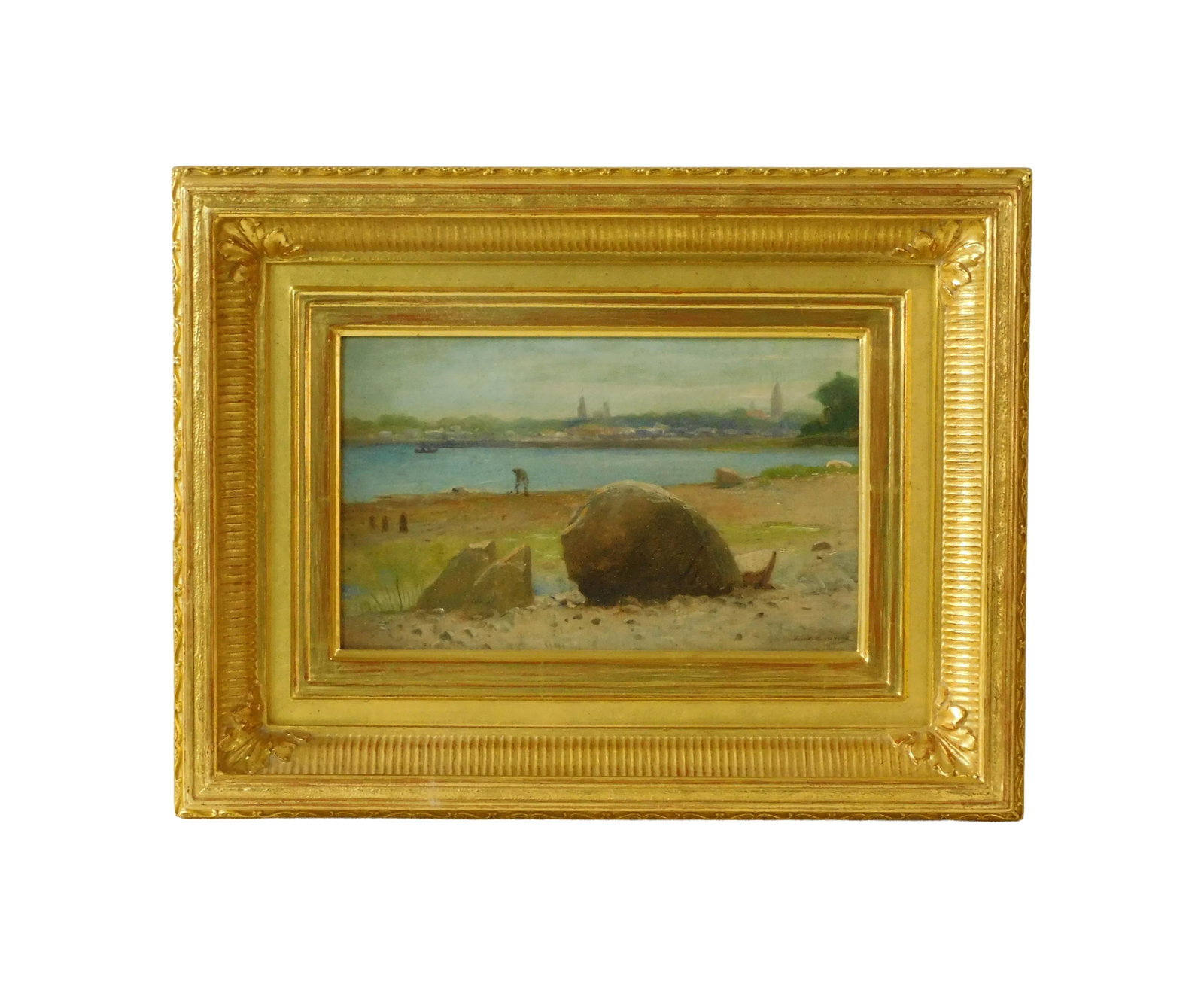 Lemuel D. Eldred Painting: (American/Massachusetts, 1848-1921). Oil on artist's board. Depicting New Bedford harbor and shoreline with a clam digger on shore and the Fairhaven skyline in the background. Signed lower right. Sigh
