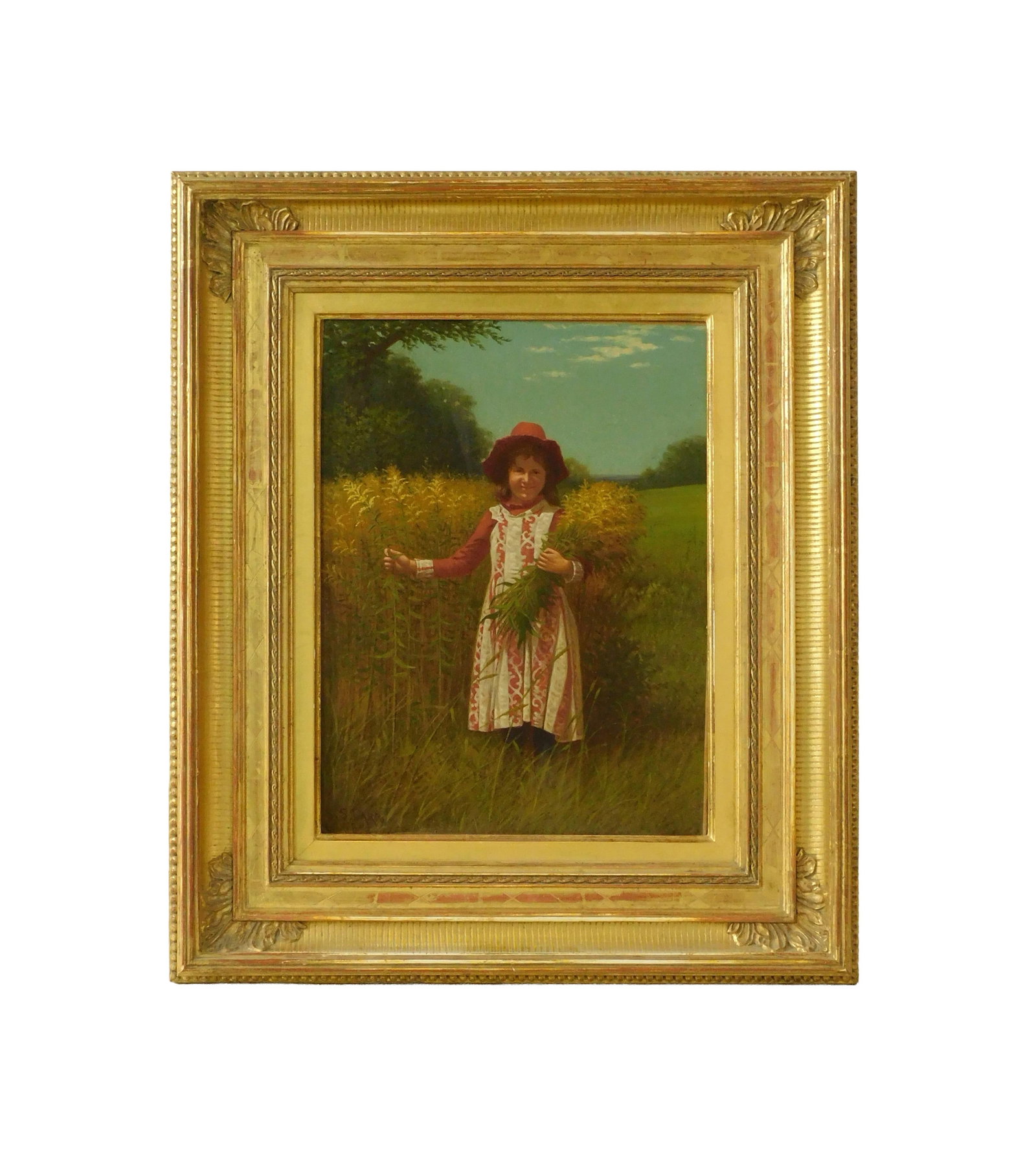 Samuel S. Carr Painting: (American/New York, 1837-1908). Oil on artist's board. Depicts a young girl gathering wildflowers. Signed lower left "S. S. Carr '94". Sight size: 15 1/2" high x 11 1/2" wide. In an exceptional modern