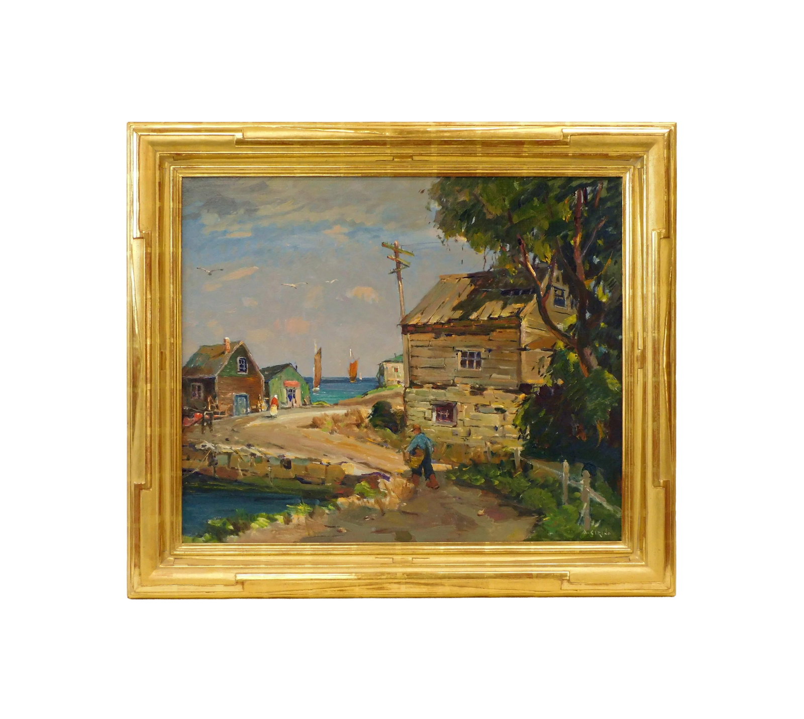Antonio Cirino Painting: (American/Rhode Island, 1888-1982). Oil on canvas. "Lanes Cove, Gloucester, Mass." Signed lower right. Sight size: 25" high x 30" wide. In an exceptional modern carved and gilded frame measuring: 32" 