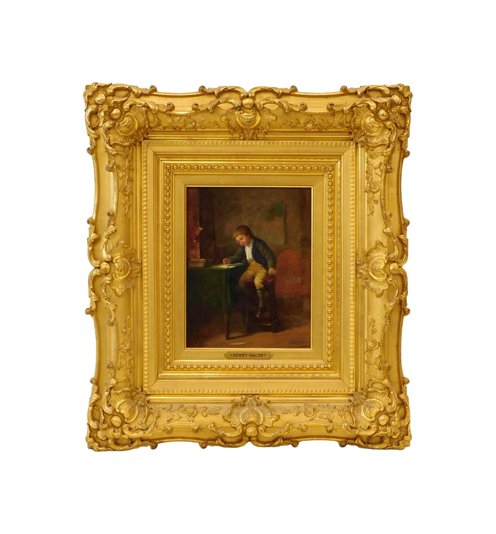 Henry Bacon Painting: (American/Massachusetts, 1839-1912) Oil on wooden panel. Depicts a young scholar seated at his desk. Signed lower right and dated illegibly. Sight size: 10" high x 8" wide. In an exceptional period ca