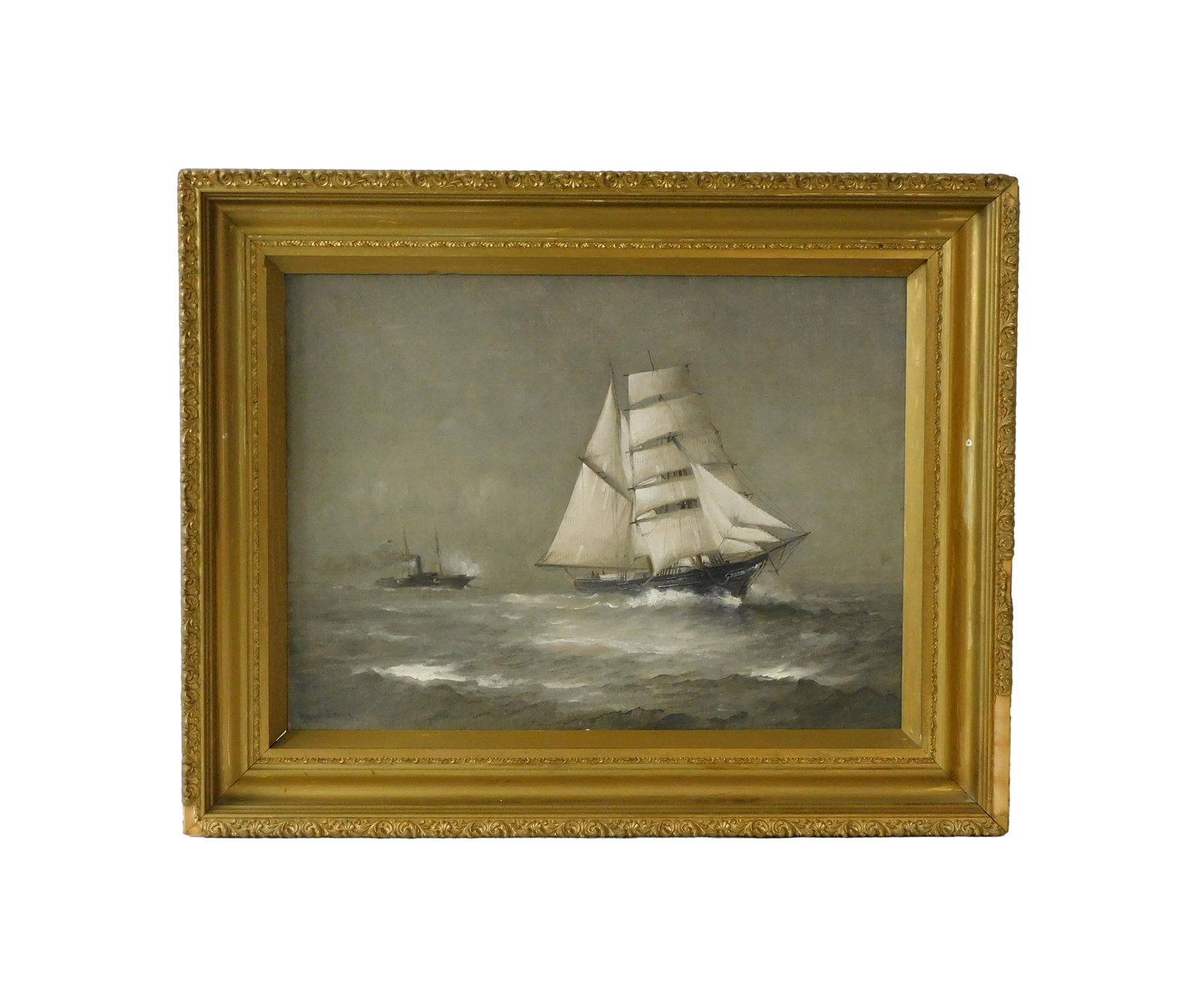 Marshall Johnson Painting: (American/Massachusetts, 1850-1921). Oil on canvas. Depicts a two-masted ship under sail with a steam powered sailboat in the rear. Signed lower left. Sight size: 17 1/2" high x 23 3/4" wide. In a per