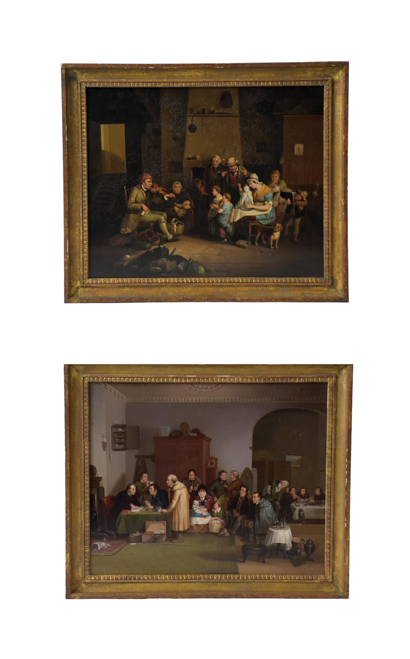 (2) Sir David Wilkie Paintings: (Scottish, 1785-1841). Oil on tin. To include: (A) "The Rent Day". Titled and signed on period paper label on verso. Sight size: 16 3/4" high x 20 1/4" wide. In a modern distressed gilded frame