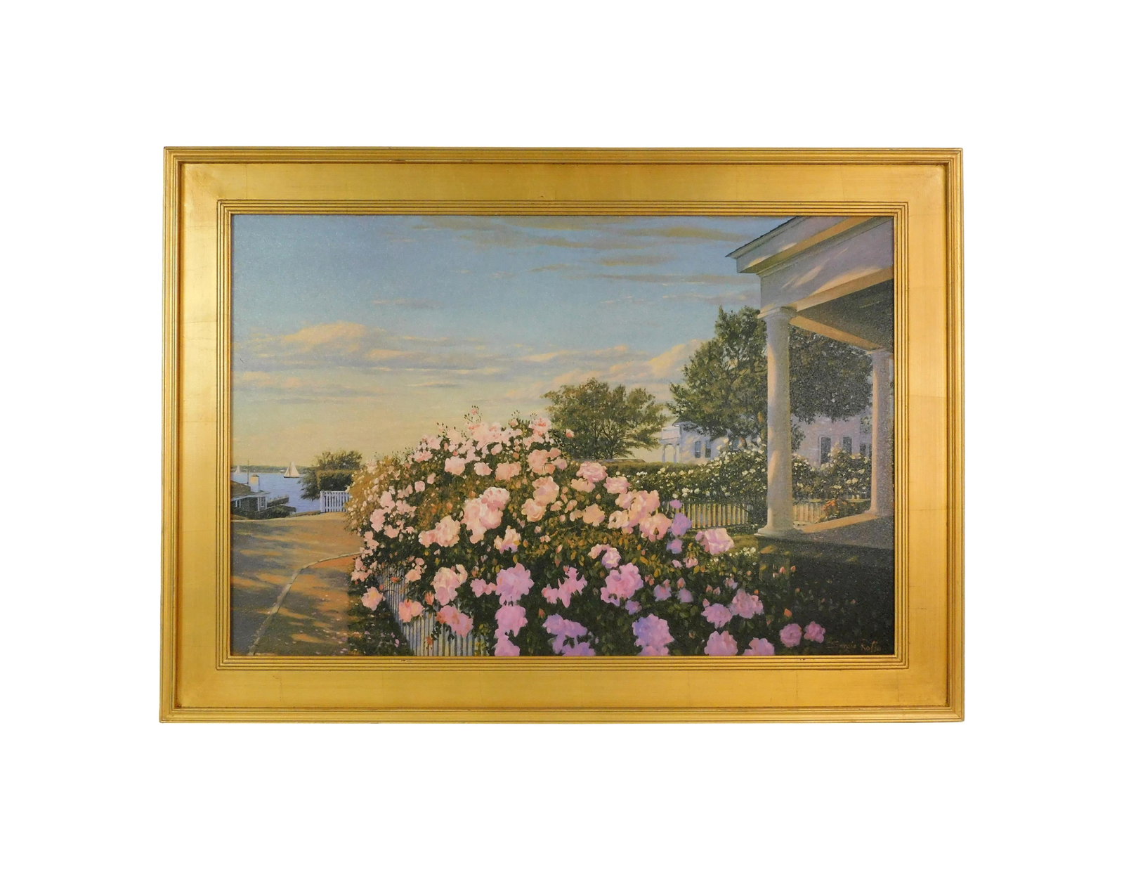 Sergio Roffo Painting: (American/Massachusetts/Italian, b. 1953). Oil on artist's board. Depicts a rose garden at a waterfront estate on Martha's Vineyard. Signed lower right. Sight size: 23 1/2" high x 35" wide. In a