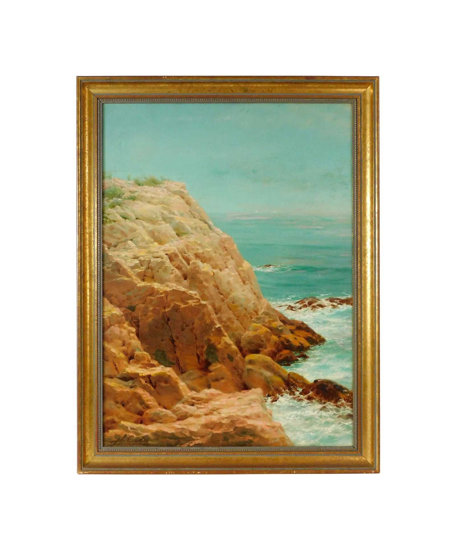 Henry Newell Cady Painting: (American/Rhode Island, 1849-1935). Oil on canvas. Coastal seascape with small reef and rock ledge. Signed lower left. Sight size: 40" high x 29 1/2" wide. In a gilded frame measuring: 46" high x 35