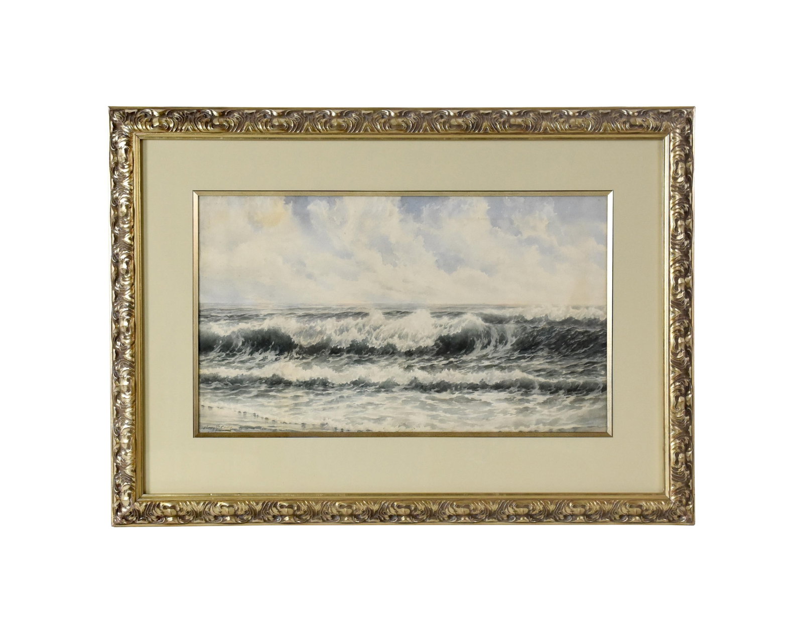 Henry Newell Cady Painting: (American/Rhode Island, 1849-1935). Watercolor on paper. Seascape with crested waves. Signed lower left. Sight size: 16 1/4" high x 28 1/4" wide. In a carved silver gilt frame under glass measuring: 2