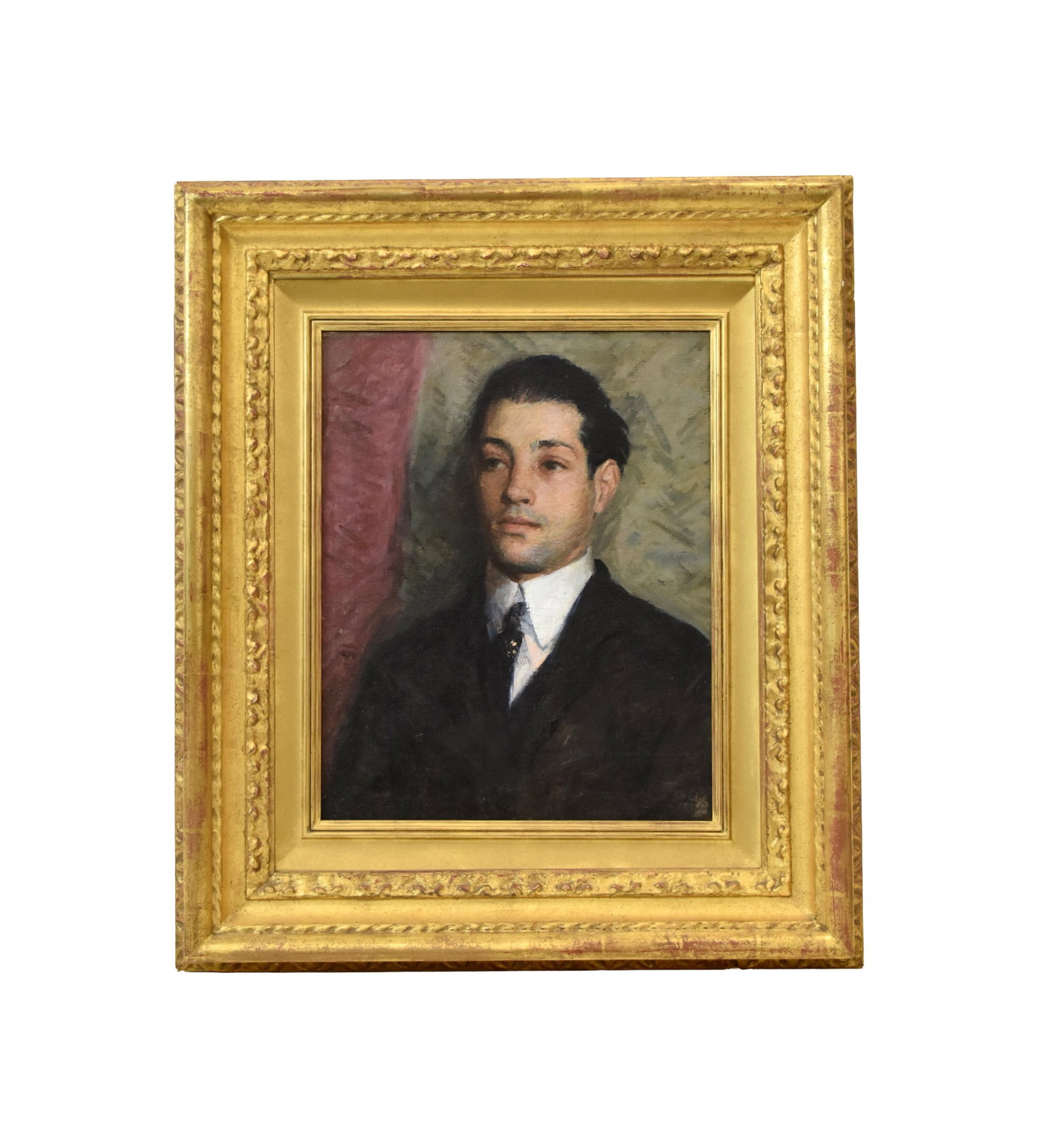 Kathryn Nason Painting: (American, 1892-1976). Oil on canvas. Portrait of a young man. Signed on verso. Sight size: 20" high x 16" wide. In a carved gilt frame measuring: 31 1/2" high x 27 1/2" wide. Provenance: Estate of Al