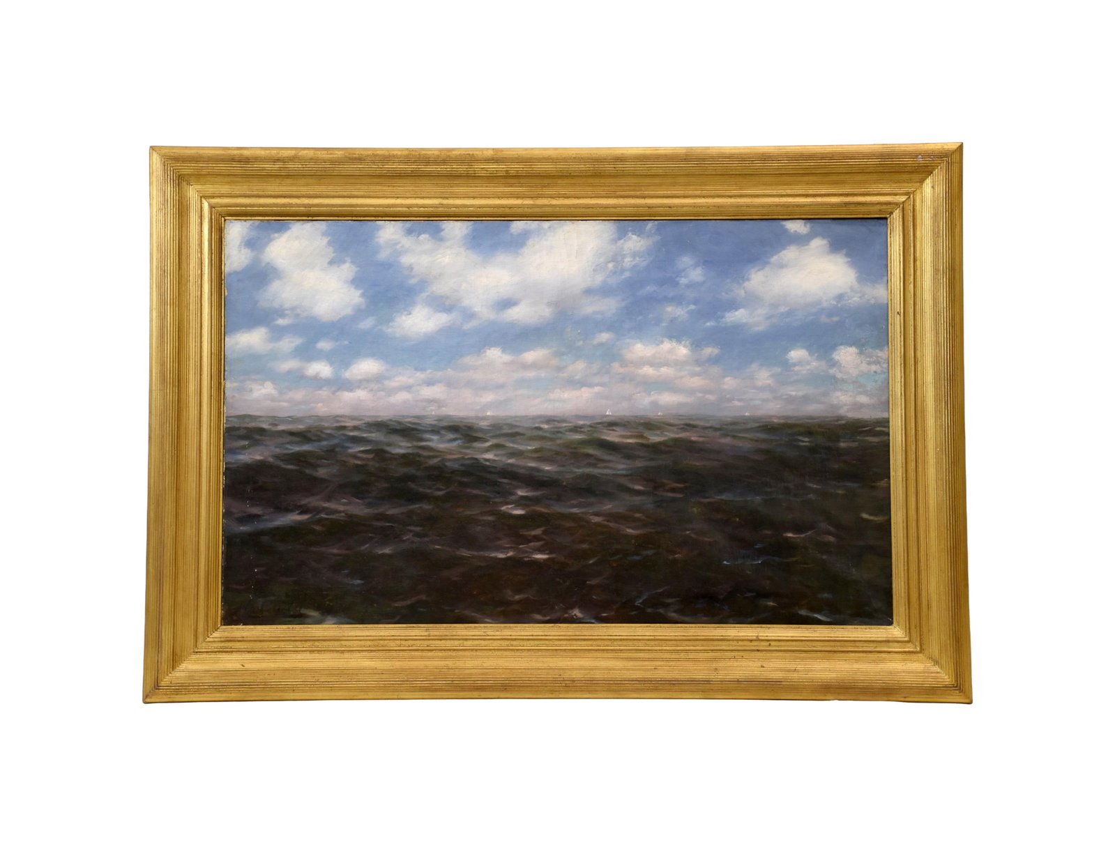 Henry Newell Cady Painting: (American/Rhode Island, 1849-1935). Oil on canvas. Seascape. Sight size: 22" high x 36" wide. In a carved gilded frame measuring: 30" high x 43 3/4" wide. Good condition consistent with age. IMPORTANT