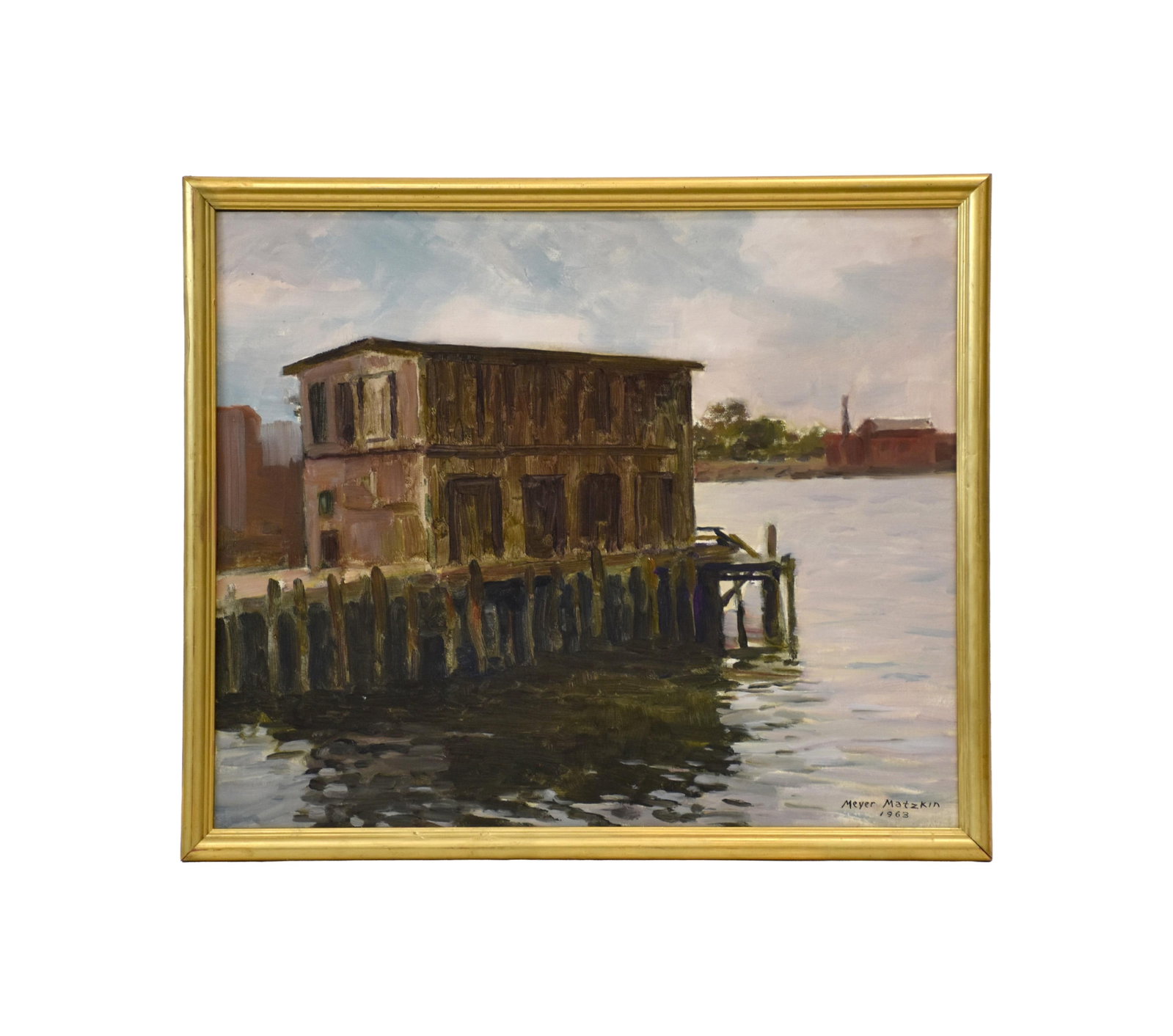 Meyer Matzkin Painting: (American/Massachusetts, 1880-1976) Oil on canvas board. Painting of Gloucester harbor with a building believed to be The Old Paint Factory. Signed and dated 1963 lower right. Sight size: 20" high x