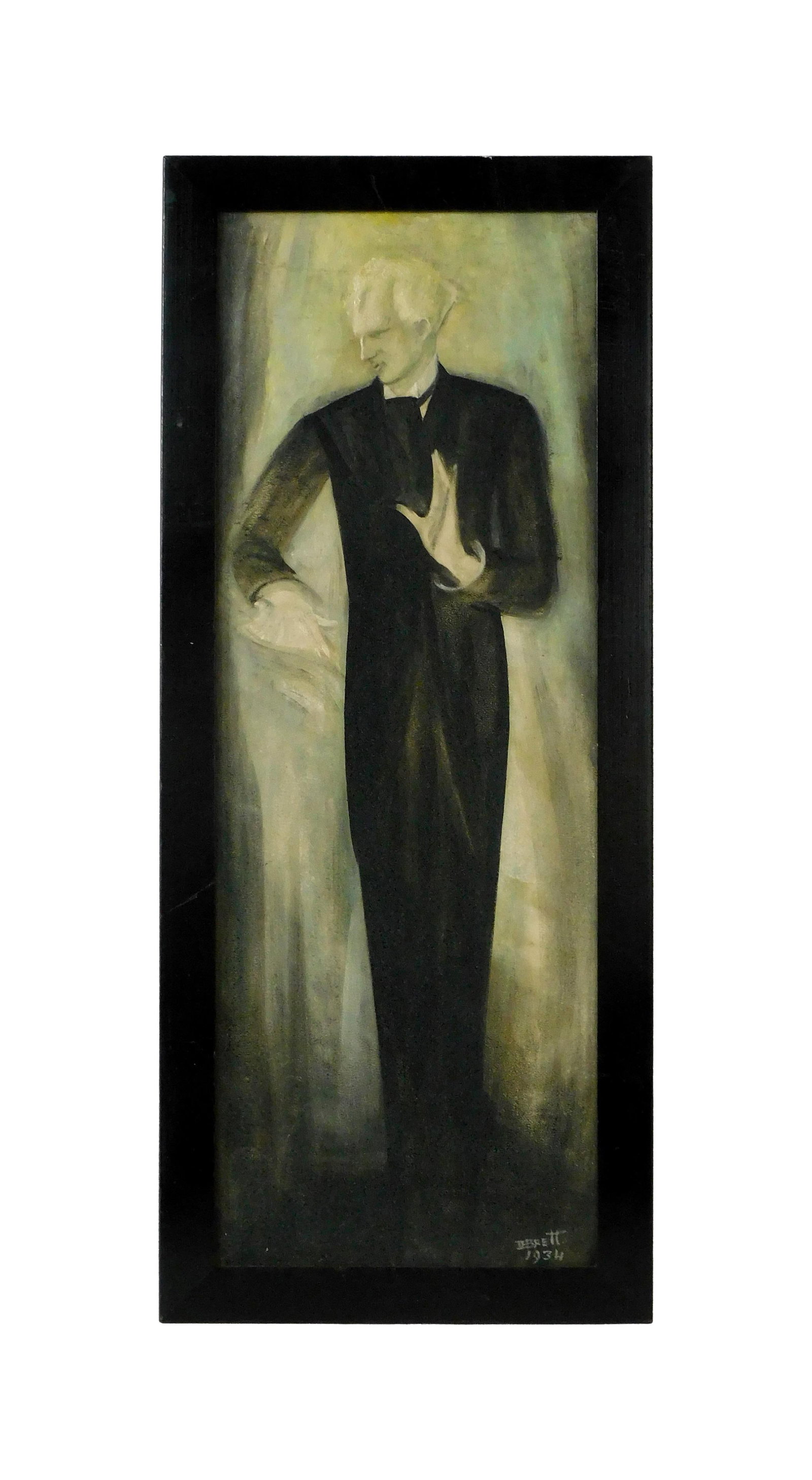 Dorothy Eugenie Brett Painting: (American/New Mexico, 1883-1976). Oil on board. Portrait of the famous conductor Leopold Stokowski. Signed and dated "Brett, 1934" lower right. Sight size: 23 1/2" high x 8 1/2" wide. In a black