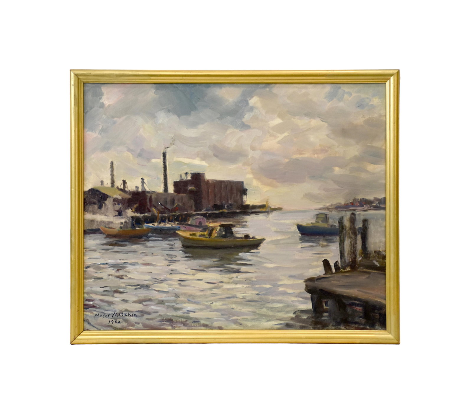 Meyer Matzkin Painting: (American/Massachusetts, 1880-1976) Oil on canvas board. Painting of Gloucester Harbor with boats and a building believed to be The Old Paint Factory. Signed and dated 1962 lower left. Sight size: 20"