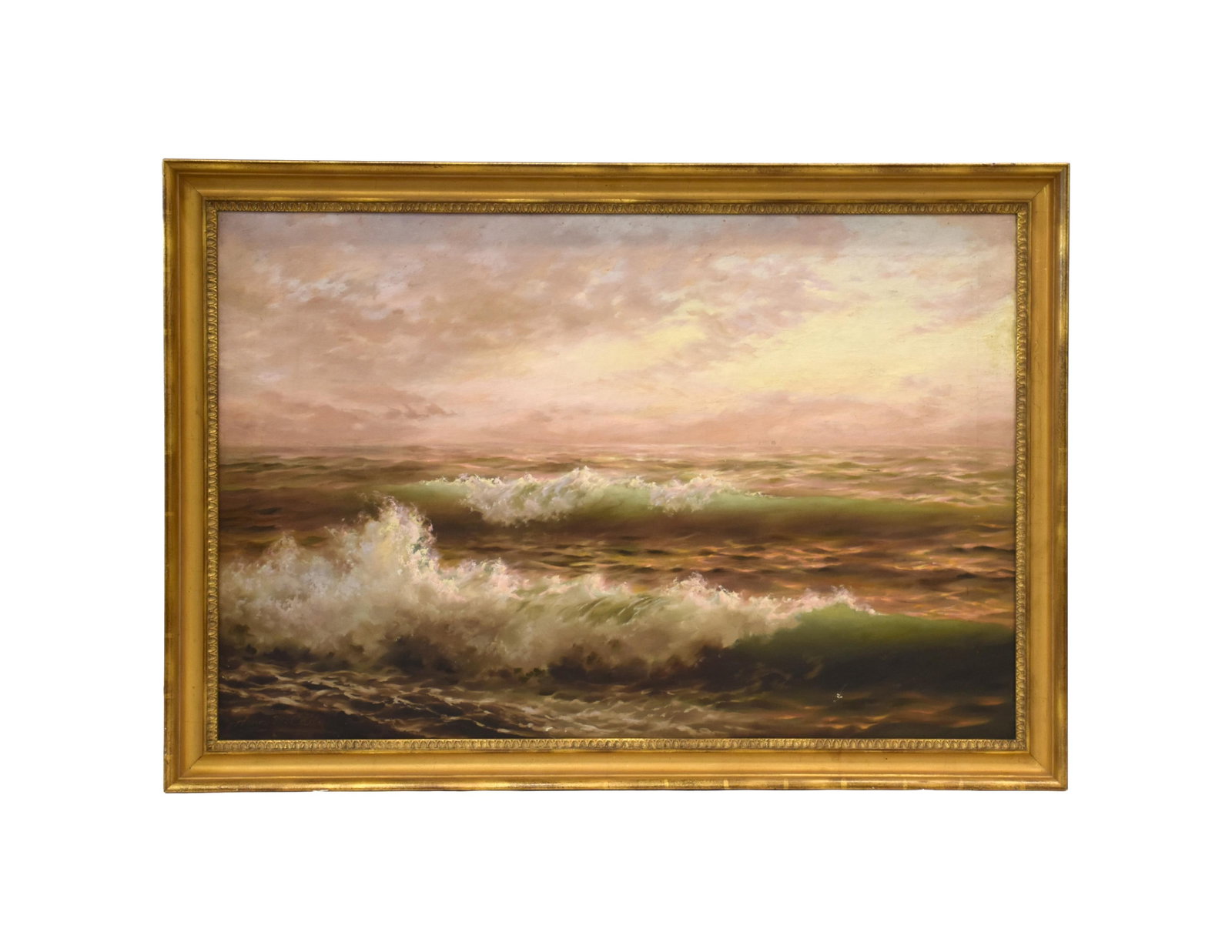 Henry Newell Cady Painting: (American/Rhode Island, 1849-1935). Oil on canvas. Seascape with crashing waves. Signed lower left. Sight size: 28" high x 41" wide. In a carved and gilded frame measuring: 32 1/2" high x 46 1/2"