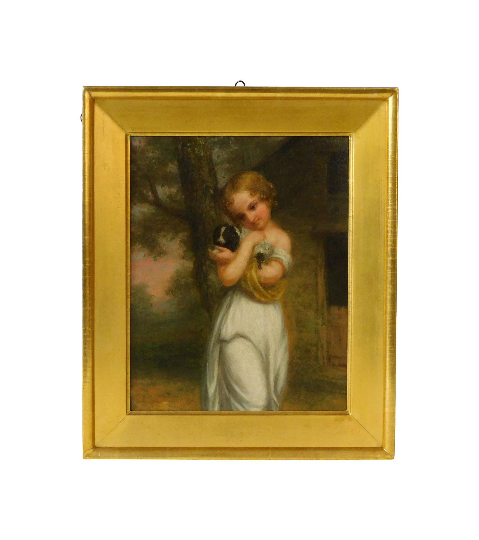 Charles Bird King Painting: (American/Rhode Island/Washington, D.C., 1785-1862). Oil on board. Portrait of a young girl holding a puppy. Signed and inscribed on verso: "Presented by C.B. King to Mrs. Susan Carlile, the best of