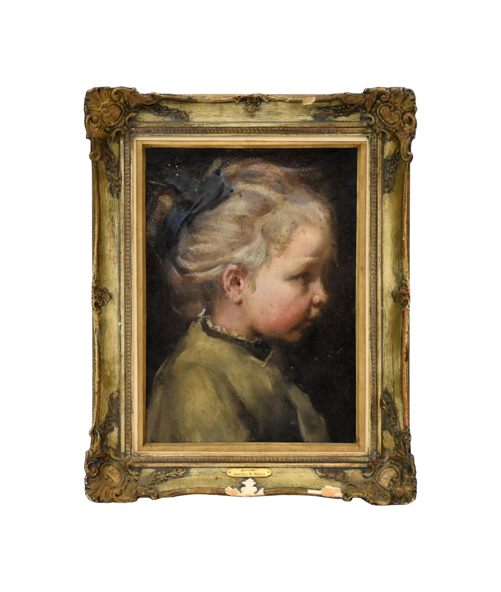 Irving Ramsey Wiles Painting: (American/New York, 1861-1948). Oil on board. Profile portrait of a young girl. Titled: "Jeanette" on a nameplate on bottom of frame. Unsigned. Sight size: 14 1/4" high x 10" wide. In an elaborate