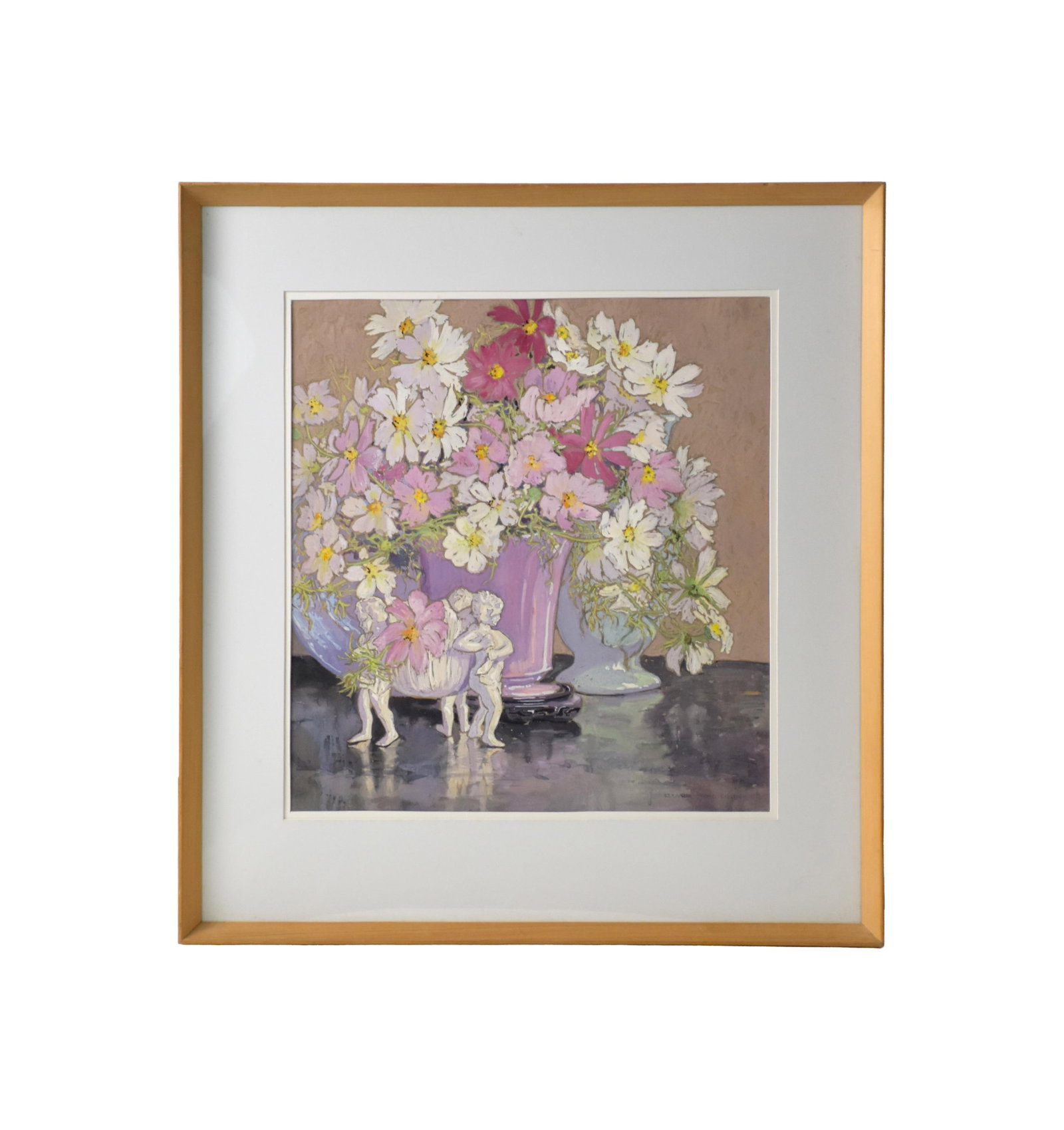 Eleanor Parke Custis Painting: (American/Massachusetts/Washington, D.C., 1897-1983). Mixed media on paper. "Still life with Cosmos". Signed lower right. Sight size: 18" high x 17" wide. In a wooden frame under glass measuring: 27"