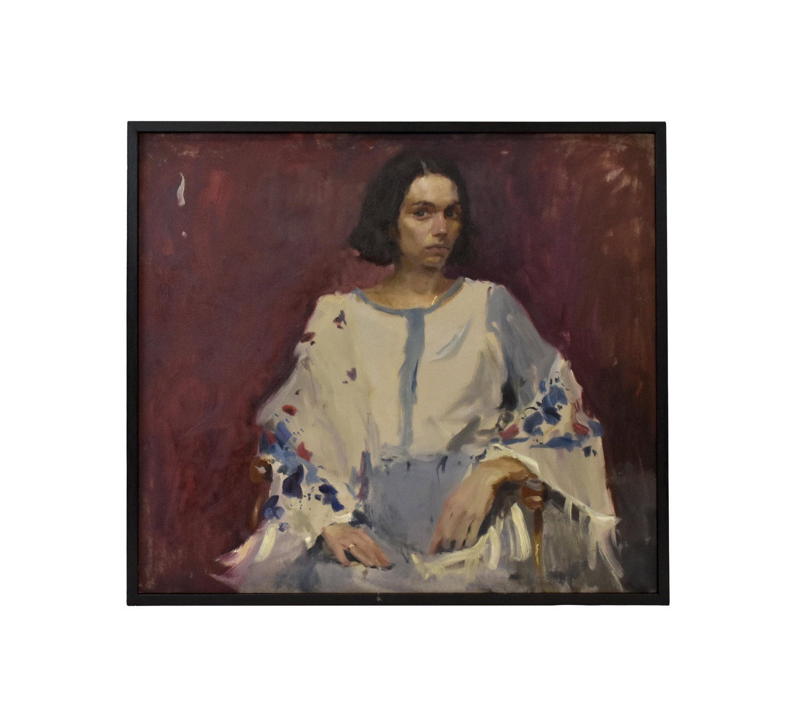 Elena Bria Painting: (Moldovan, b. 1992). Oil on canvas. "Aliona". Portrait of a woman. Signed on verso. Sight size: 32" high x 36" wide. In a black wood frame measuring: 33 1/2" high x 37 1/2" wide. Provenance: Dede