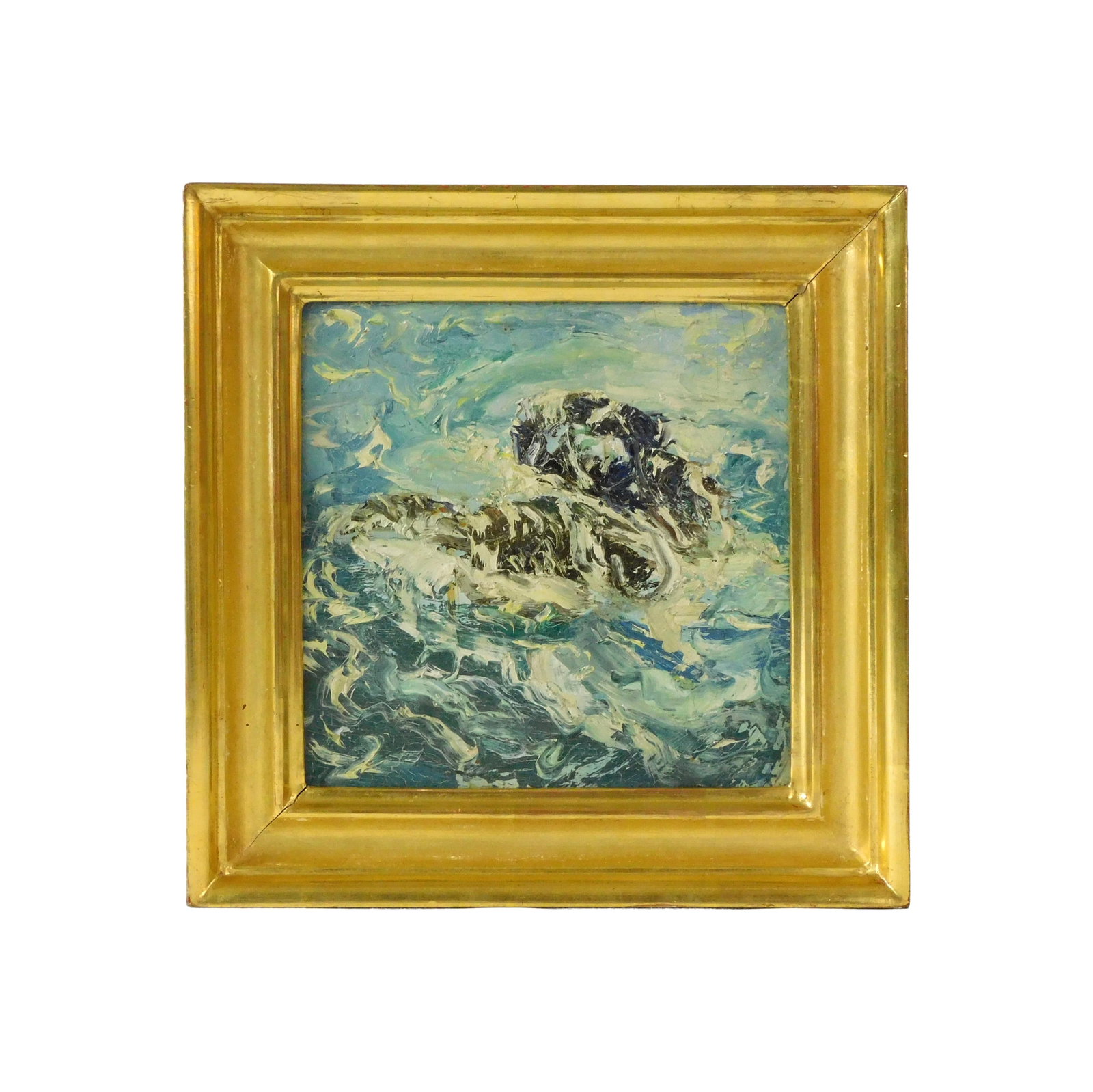 (Attributed) Milton Clark Avery Painting: (American/New York, 1865-1965). Oil on artist's board. Depicts a seascape of waves breaking over rocks. Unsigned. Sight size: 7 7/8" high x 8" wide. In a gilt frame measuring: 11" high x 11" wide.