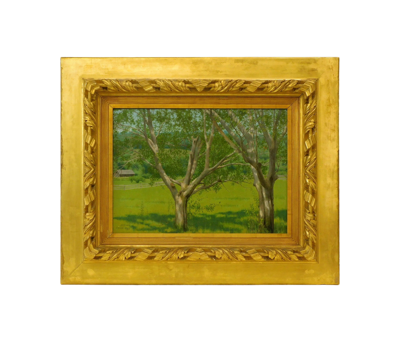 Joe Evans Painting: (American/New York, 1857-1898). Oil on canvas. "Cornish". Rural landscape with trees. Cornish, New Hampshire scene. Signed, titled and dated 1893 lower left. Sight size: 16" high x 22 1/4" wide. In
