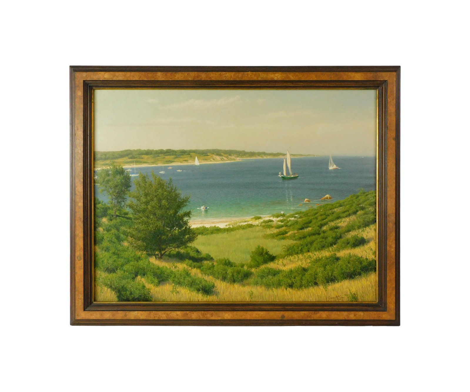 Joseph McGurl Painting: (American/Massachusetts, b. 1958). Oil on canvas. "Tarpaulin Cove, Naushon Island". Signed and dated '91 lower right. Sight size: 36 1/2" high x 48" wide. In a carved burlwood frame measuring: 43