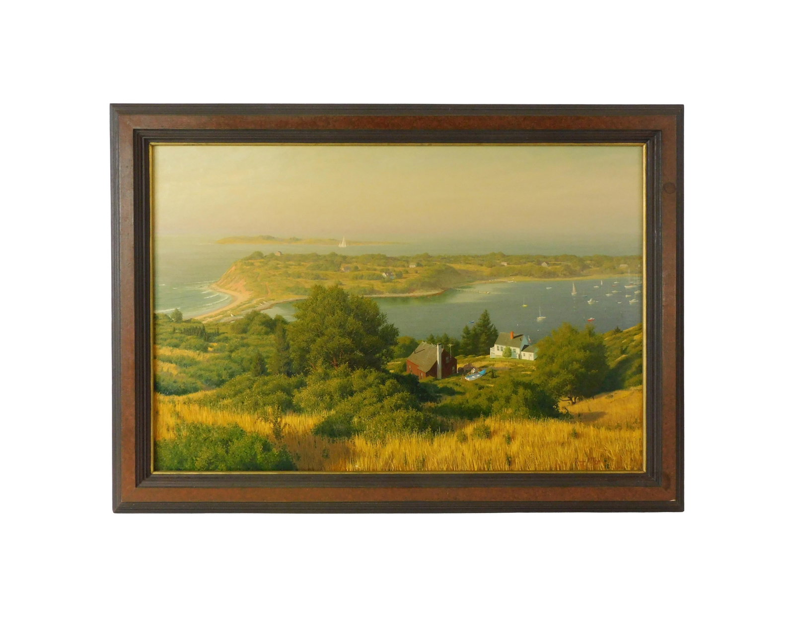 Joseph McGurl Painting: (American/Massachusetts, b. 1958). Oil on canvas. "View from Cuttyhunk". Signed and dated 1991 lower right. Sight size: 32" high x 48" wide. In a carved burlwood frame measuring: 39 1/2" high x 55"