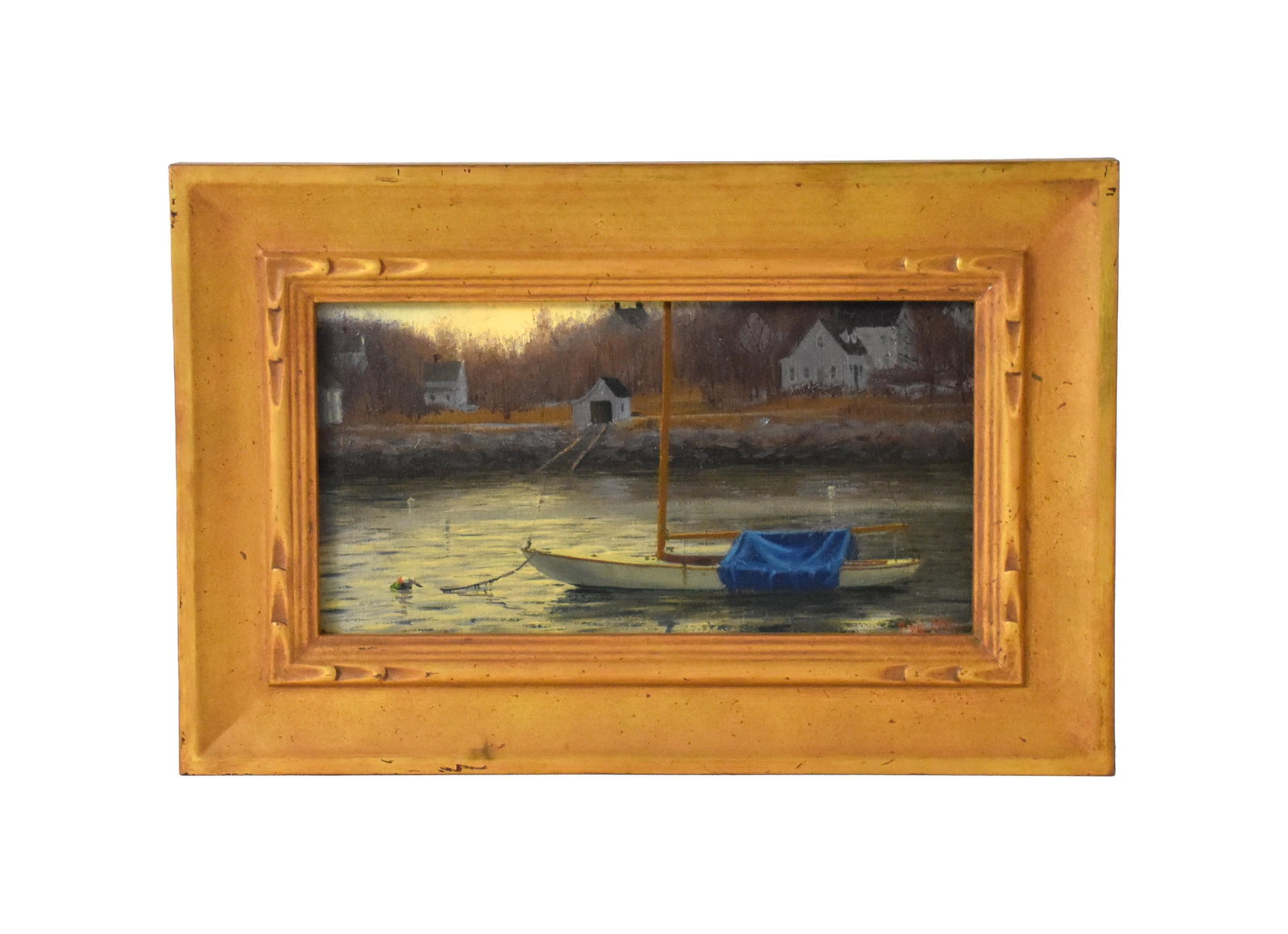 Joseph McGurl Painting: (American/Massachusetts, b. 1958). Oil on board. "Winter Morning, 1991". Signed lower right. Sight size: 6" high x 11" wide. In a carved modern gold frame measuring: 10 1/2" high x 16" wide.Good condi