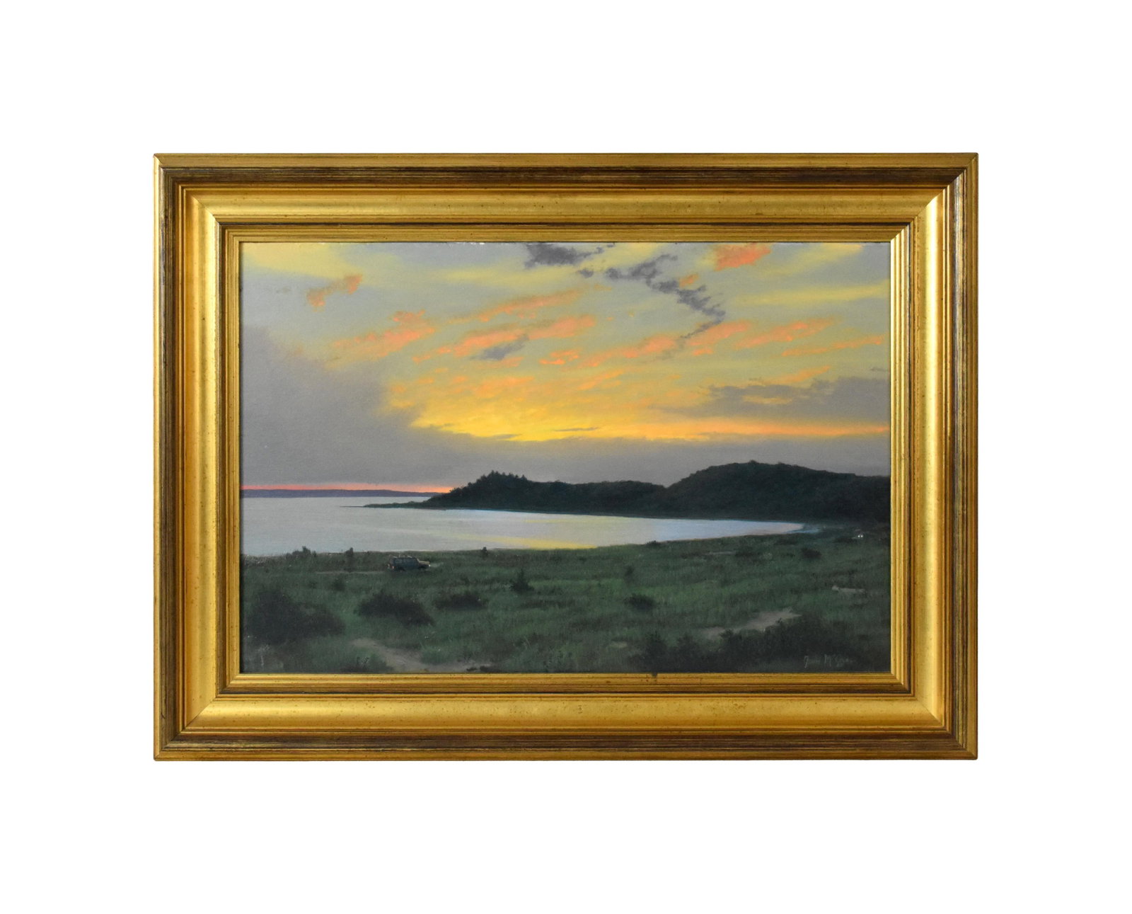 Joseph McGurl Painting: (American/Massachusetts, b. 1958). Oil on board. Seascape at sunset. Dated '89. Signed lower right. Sight size: 15 1/2" high x 23 1/2" wide. In a modern gilt molded frame measuring: 22" high x 30"
