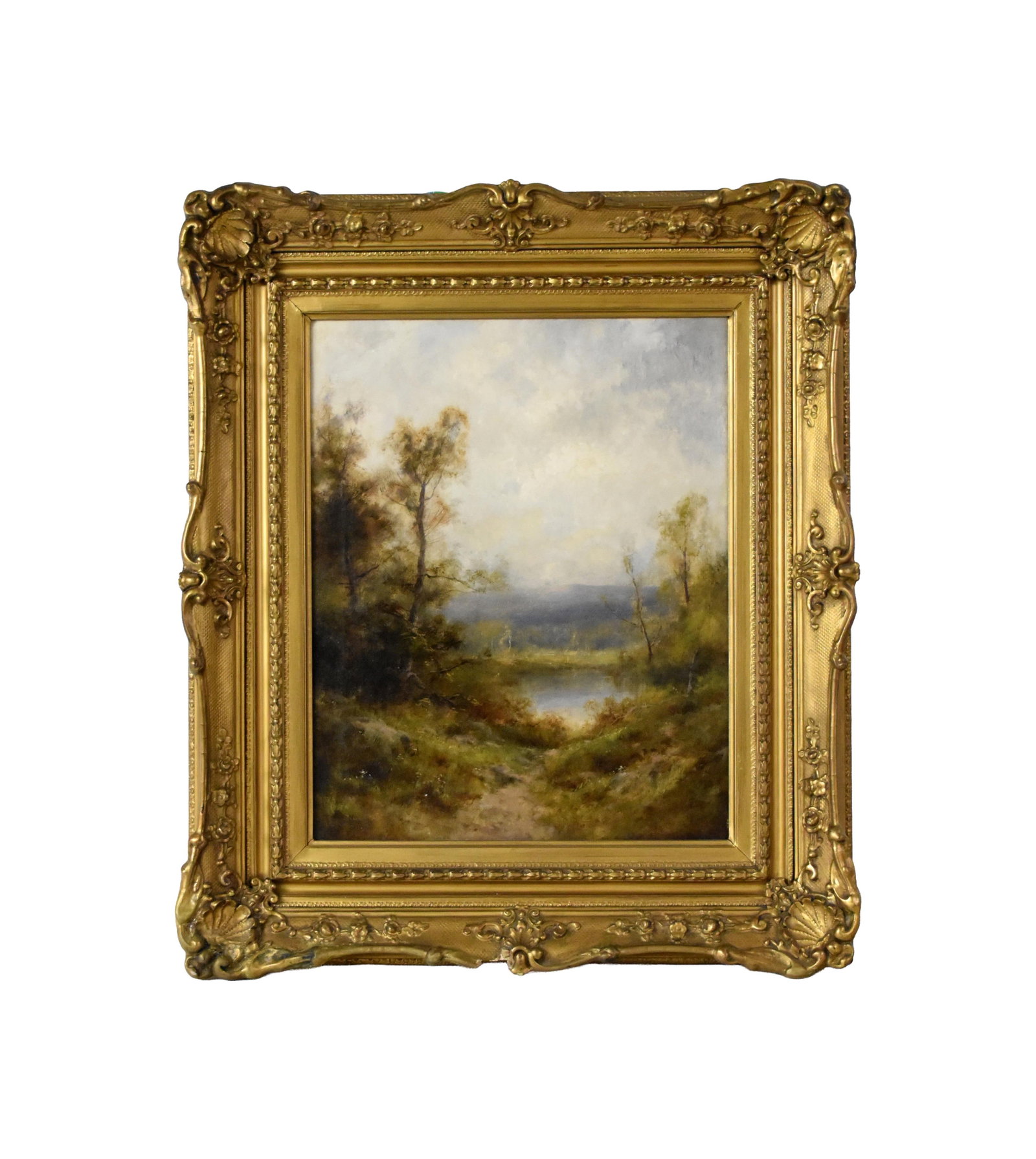 Thomas Griffin Painting: (American/New York/Pennsylvania, 1858-1918). Oil on canvas. Landscape with lakes. Signed lower left. Sight size: 19 3/4" high x 15 1/2" wide. In a period carved and gilt Victorian frame, possibly orig