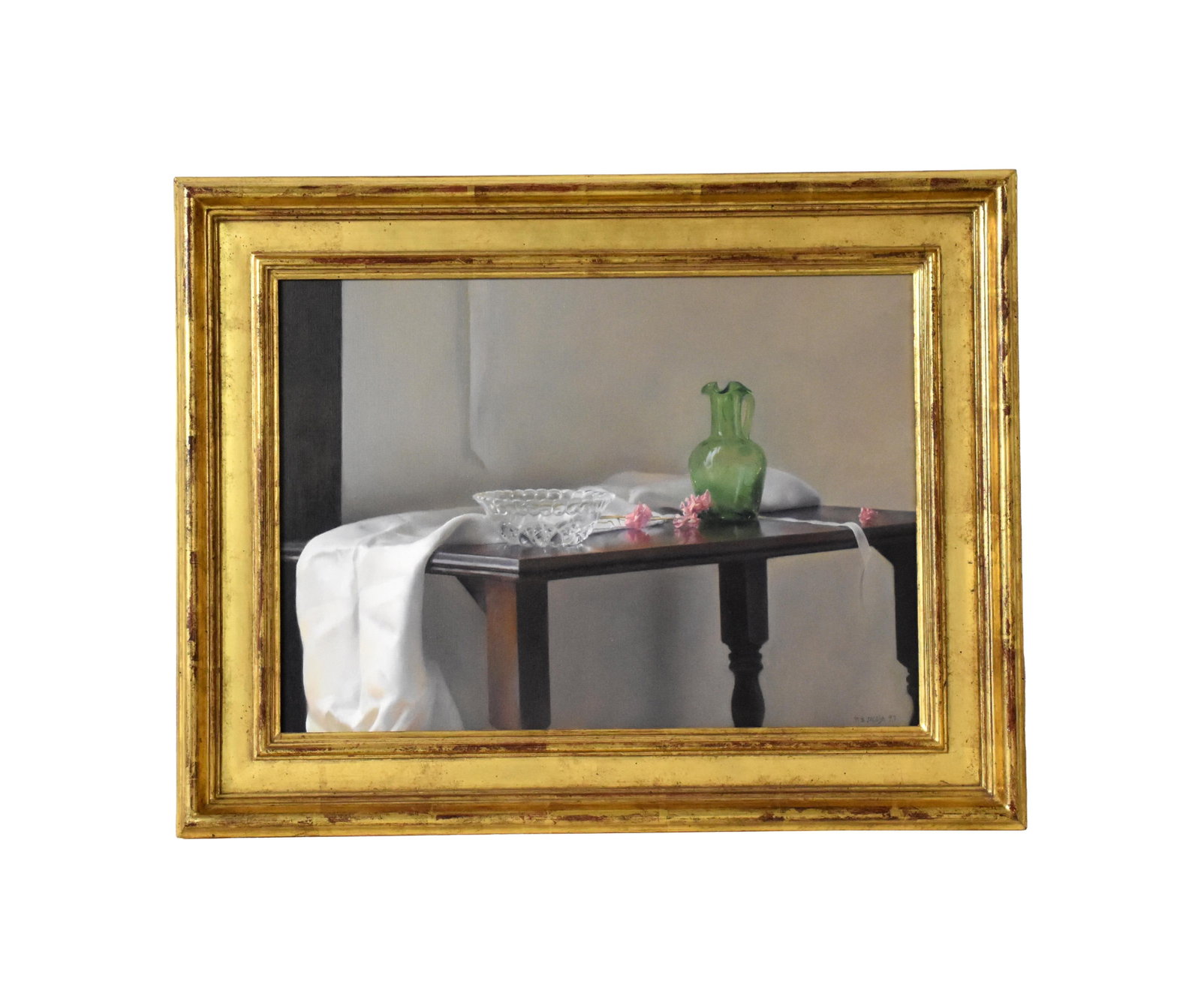 Ralph Stone Jacobs Painting: (American/California, b. 1940). Oil on canvas. Still life with table. Signed lower right. Dated '93. Sight size: 12 1/2" high x 17 1/2" wide. In a carved gilt frame measuring: 17 3/4" high x 23"
