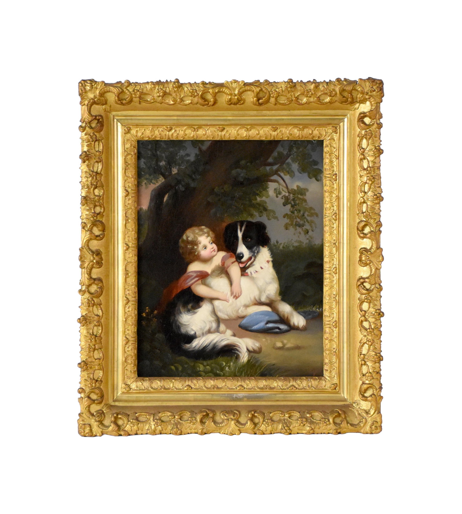 Painting of Girl with Dog: 19th C. Oil on canvas. American School. Unsigned. Sight size: 15 1/2" high x 12" wide. In an ornate gold finished gesso frame measuring: 27 1/2" high x 19 1/4" wide. Comes with conservation letter