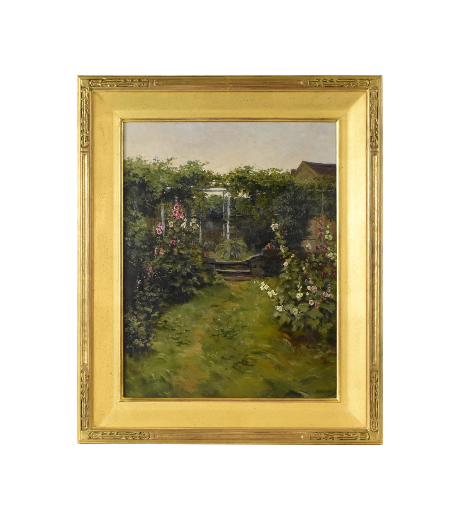Carle J. Blenner Painting: (American/Connecticut/New York, 1862-1952). Oil on canvas. "Hollyhocks in the Garden". Signed lower right. Sight size: 27" high x 21 1/4" wide. In an exceptional carved and gilded frame measuring: 35