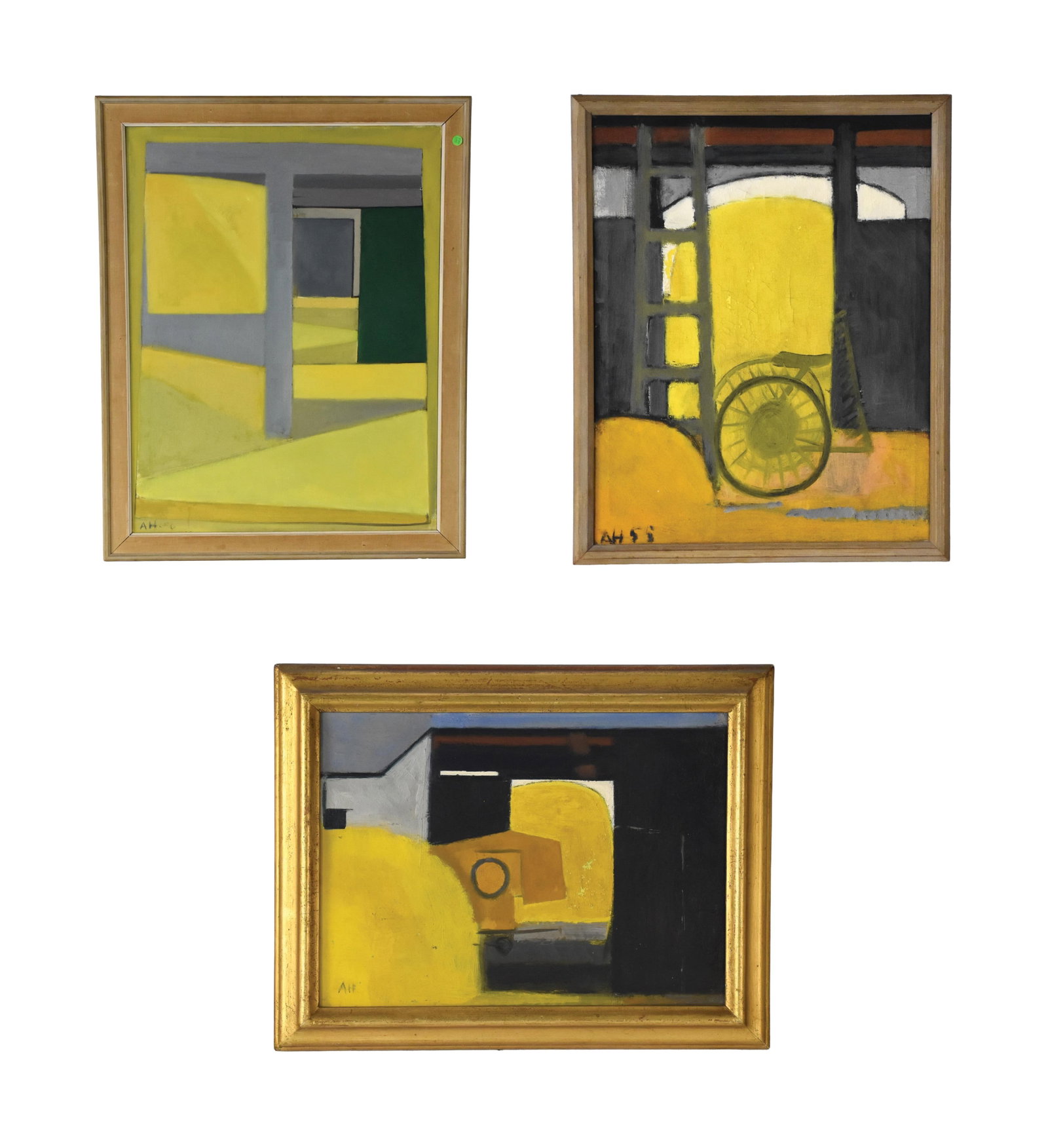 (3) Arne Hansen Abstract Oil Paintings: (Danish, 1922-2009). To include: (A) Oil on canvas. Green, blue and yellow geometric abstract image. Signed lower left and on verso. Dated '86. Sight size: 31 1/2" high x 24" wide. In a period wooden