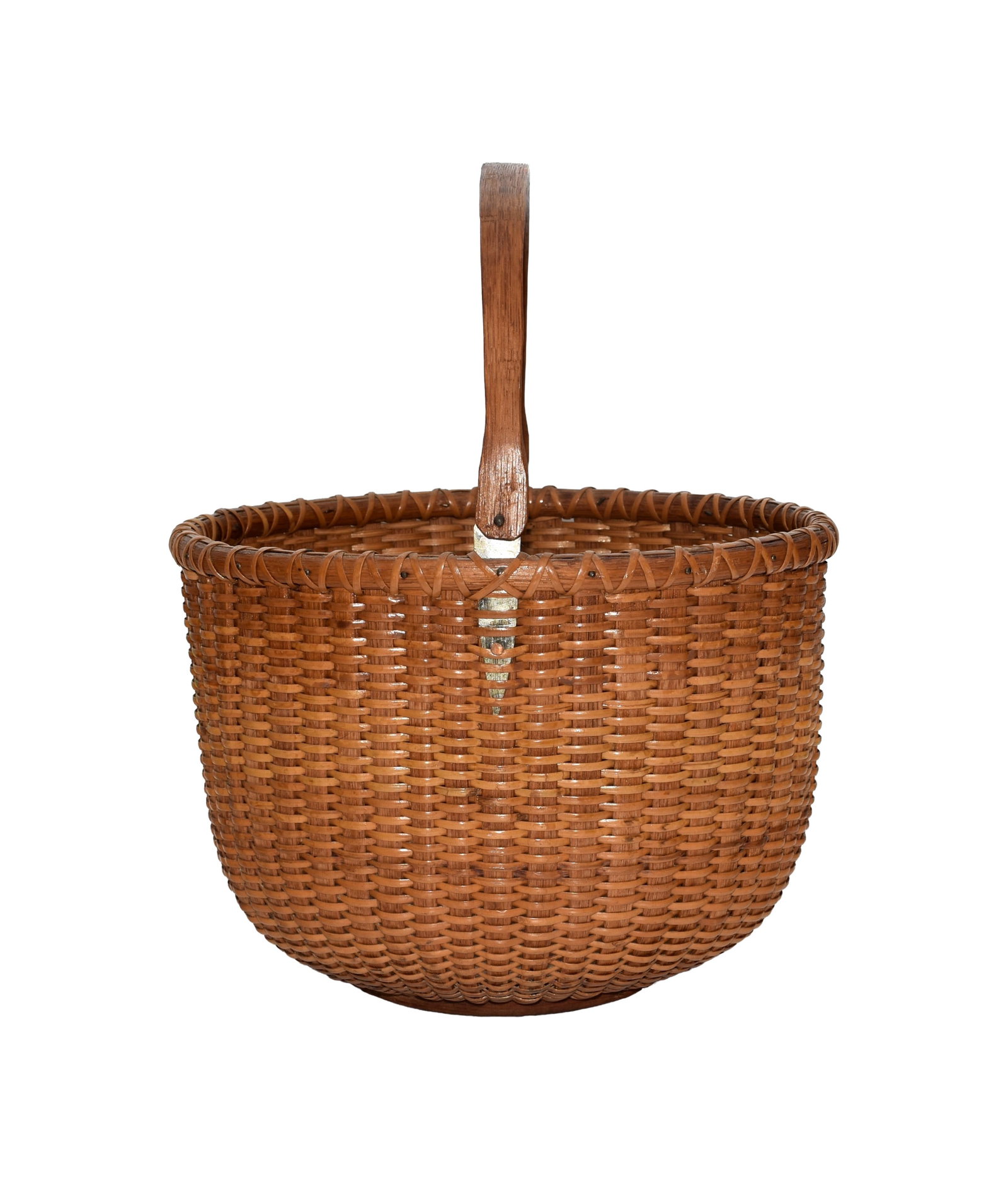 Ferdinand Sylvaro Nantucket Lightship Basket: (American, 1868-1952). Round open swing handle. Paper label on bottom not legible. 13" high x 10 1/2" diameter.Good original condition. IMPORTANT- Please note: all items are sold as is, where is,