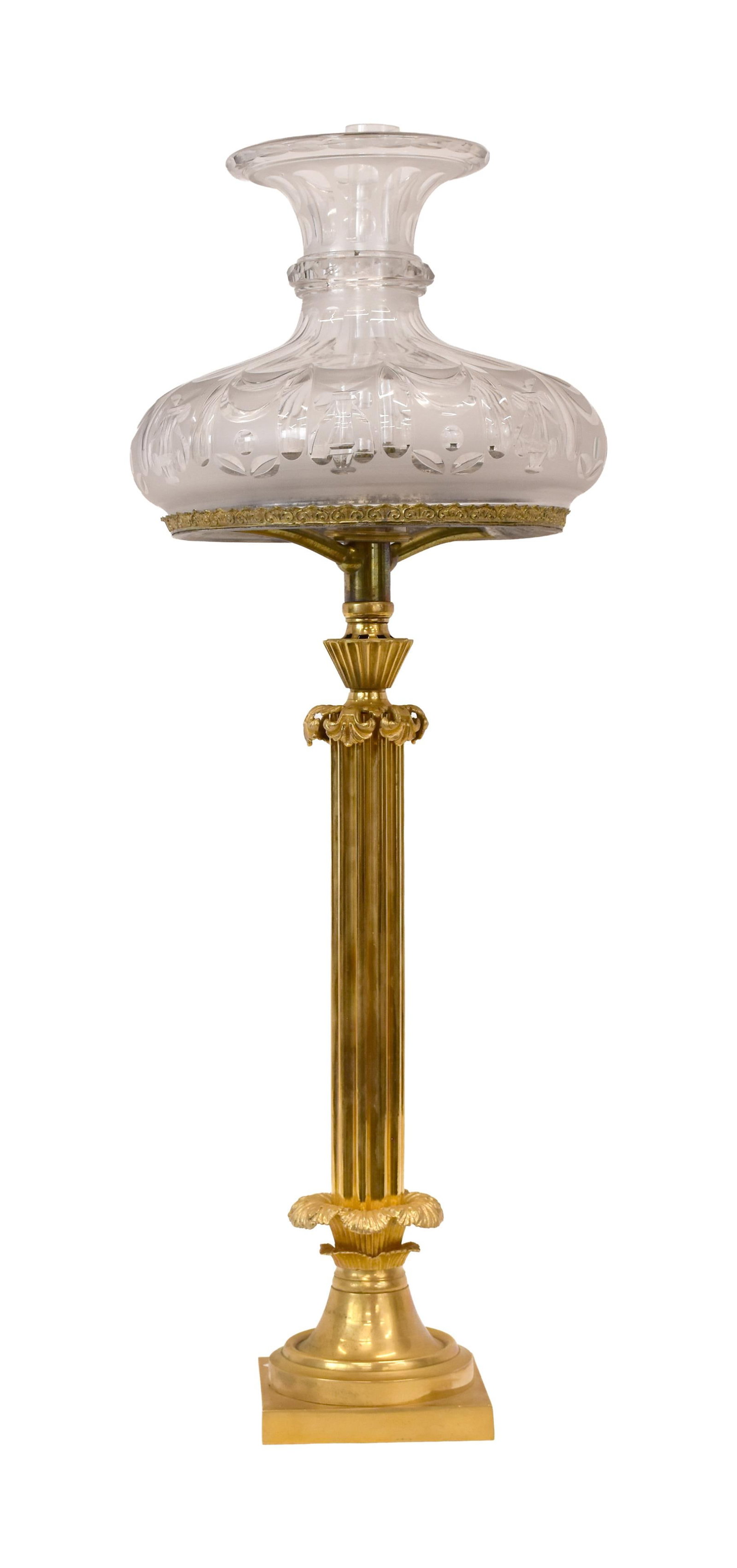 Gilded Brass Sinumbra Lamp: Early 19th C. Ornate classical design with columned center tube. Unsigned. Large ornate cut glass and frosted shade. Base: 25 1/2" high x 10 1/2" diameter; shade: 10" high x 11 1/2" diameter; overall