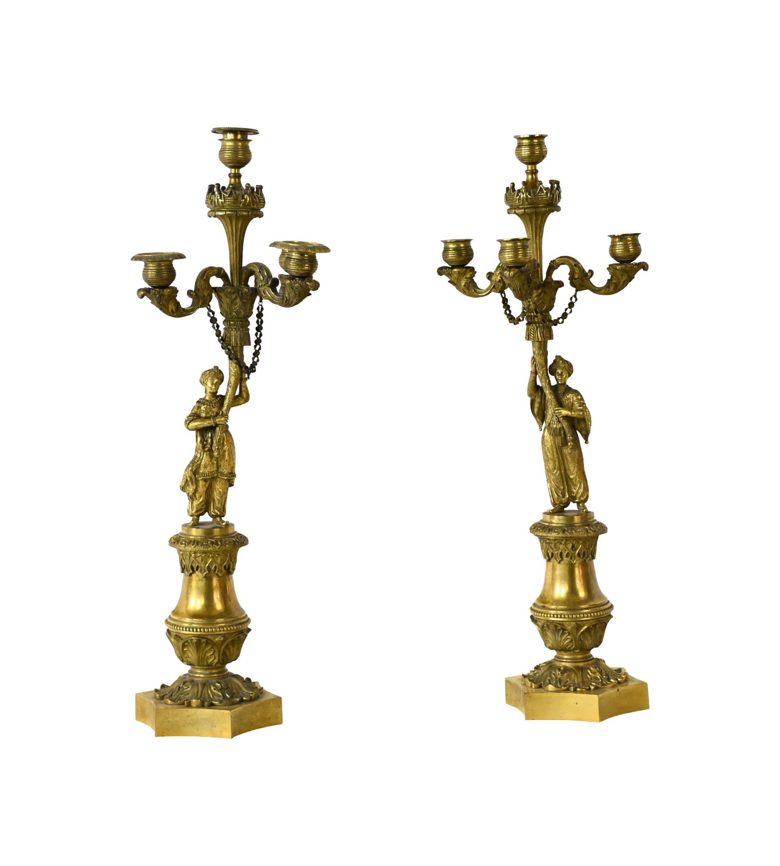 Pair of Gilt Bronze Candelabra: 19th C. Moorish motif depicting a man and woman. 22" high x 8" wide. 12.0 lbs. Provenance: Estate of Alfred J. Walker, legendary art dealer and collector. Founder of Walker-Cunningham Fine Art.Good