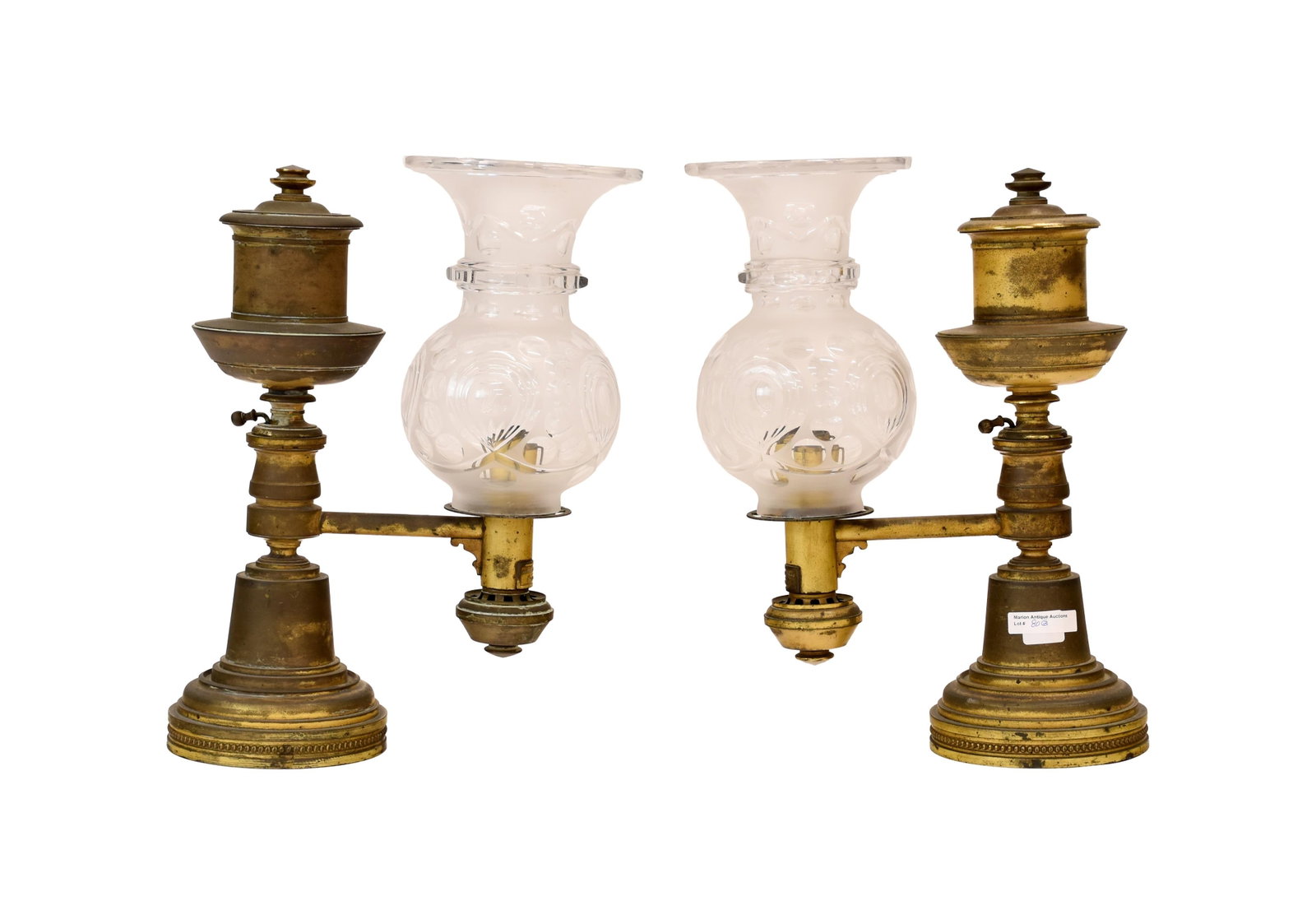 Pair of Brass Argand Lamps: 19th C. Frosted cut glass shades. Signed "John D. Jones, Boston". 14 1/2" high x 10" wide x 5 1/4" diameter at top of shade. 9 lbs. each. Provenance: Estate of Alfred J. Walker, legendary art dealer