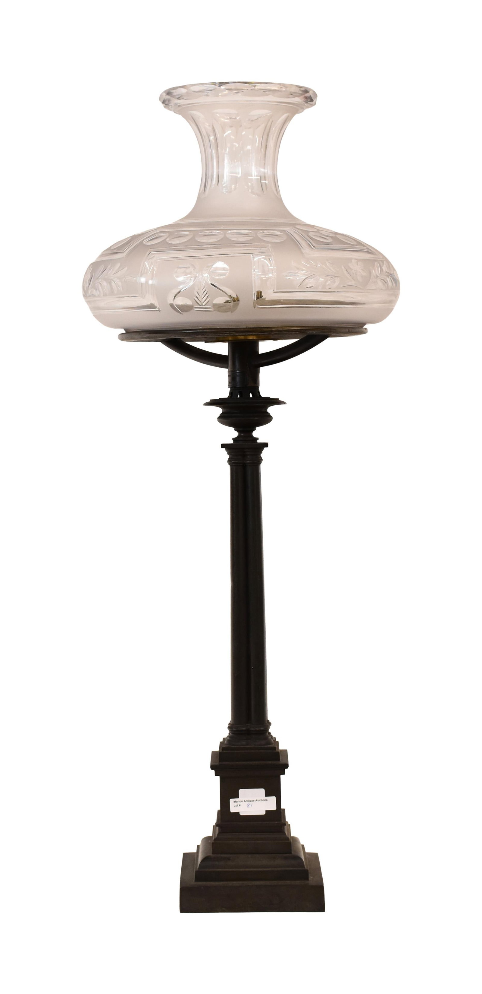 Bronze Sinumbra Lamp: 19th C. Classical design. Cut glass shade. 32" high x 12" diameter of shade. 16 lbs. Provenance: Estate of Alfred J. Walker, legendary art dealer and collector. Founder of Walker-Cunningham Fine