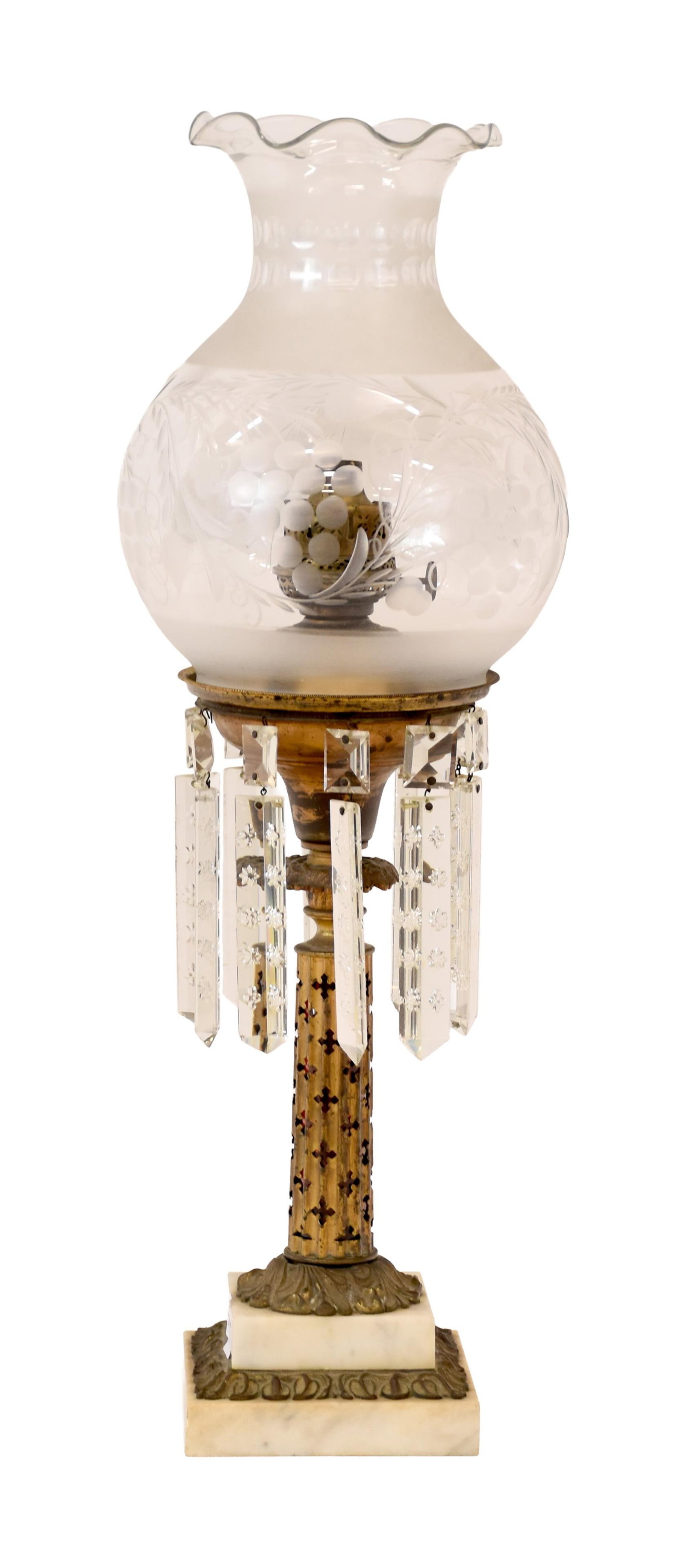 Gilt Bronze Solar Lamp: 19th C. Grape and leaf motif on a stepped marble base. Cut glass prisms. Engraved glass shade with frosted border and grape and leaf motif. Signed on burner knob: "The Brilliant". 10 1/2" high x 7
