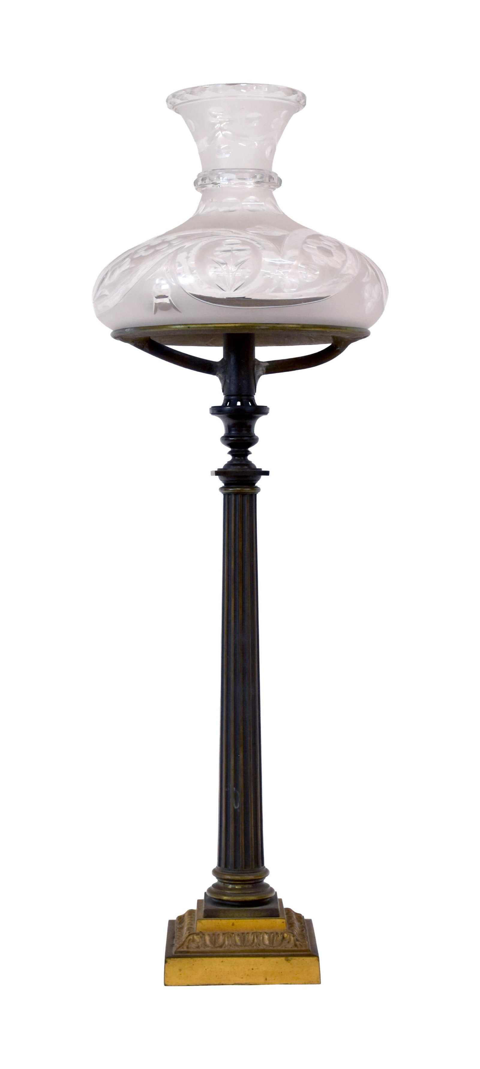 Gilt Bronze Sinumbra Lamp: 19th C. Cut and frosted glass shade. Floral motif. Signed: "Manufactured Hooper, Boston" on the burner. 33" high x 11" diameter of shade. Provenance: Estate of Alfred J. Walker, legendary art dealer