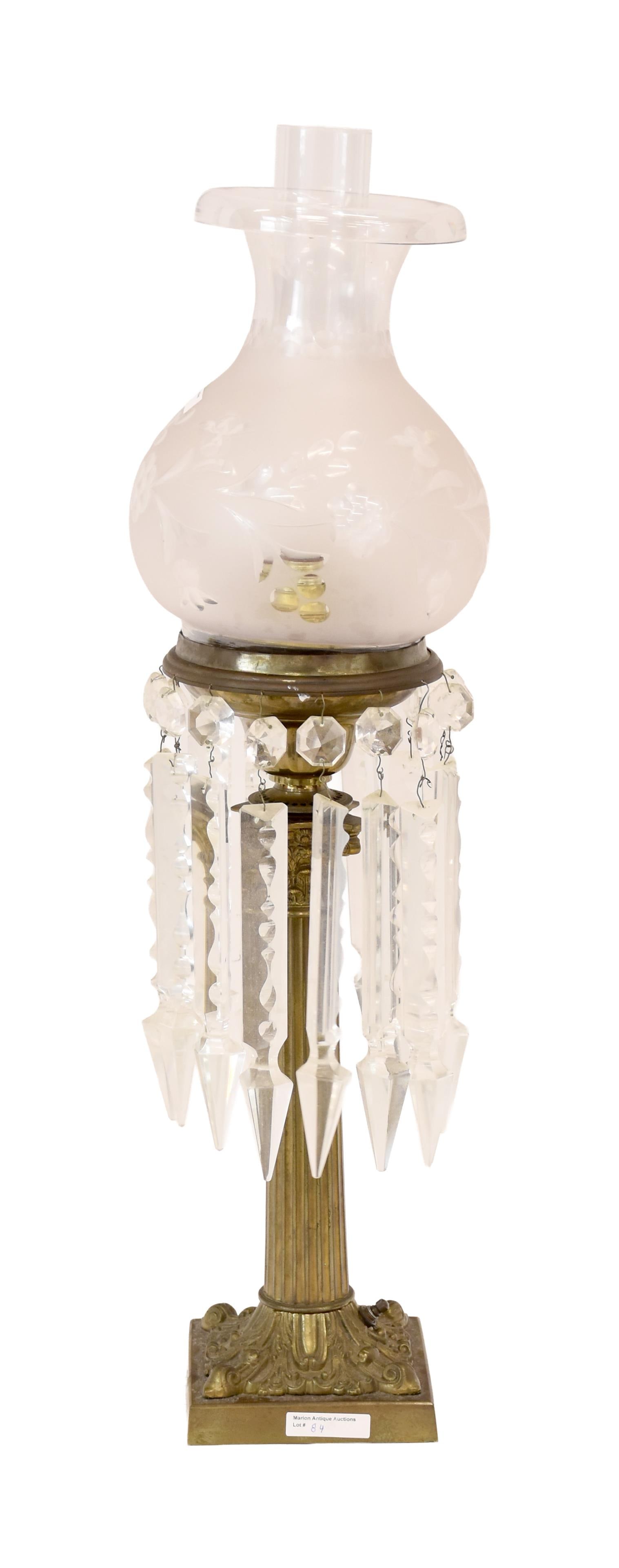 Bronze Solar Lamp: 19th C. Cut glass shade and prisms. 28" high x 7 1/2" diameter of shade. 10.2 lbs. Provenance: Estate of Alfred J. Walker, legendary art dealer and collector. Founder of Walker-Cunningham Fine