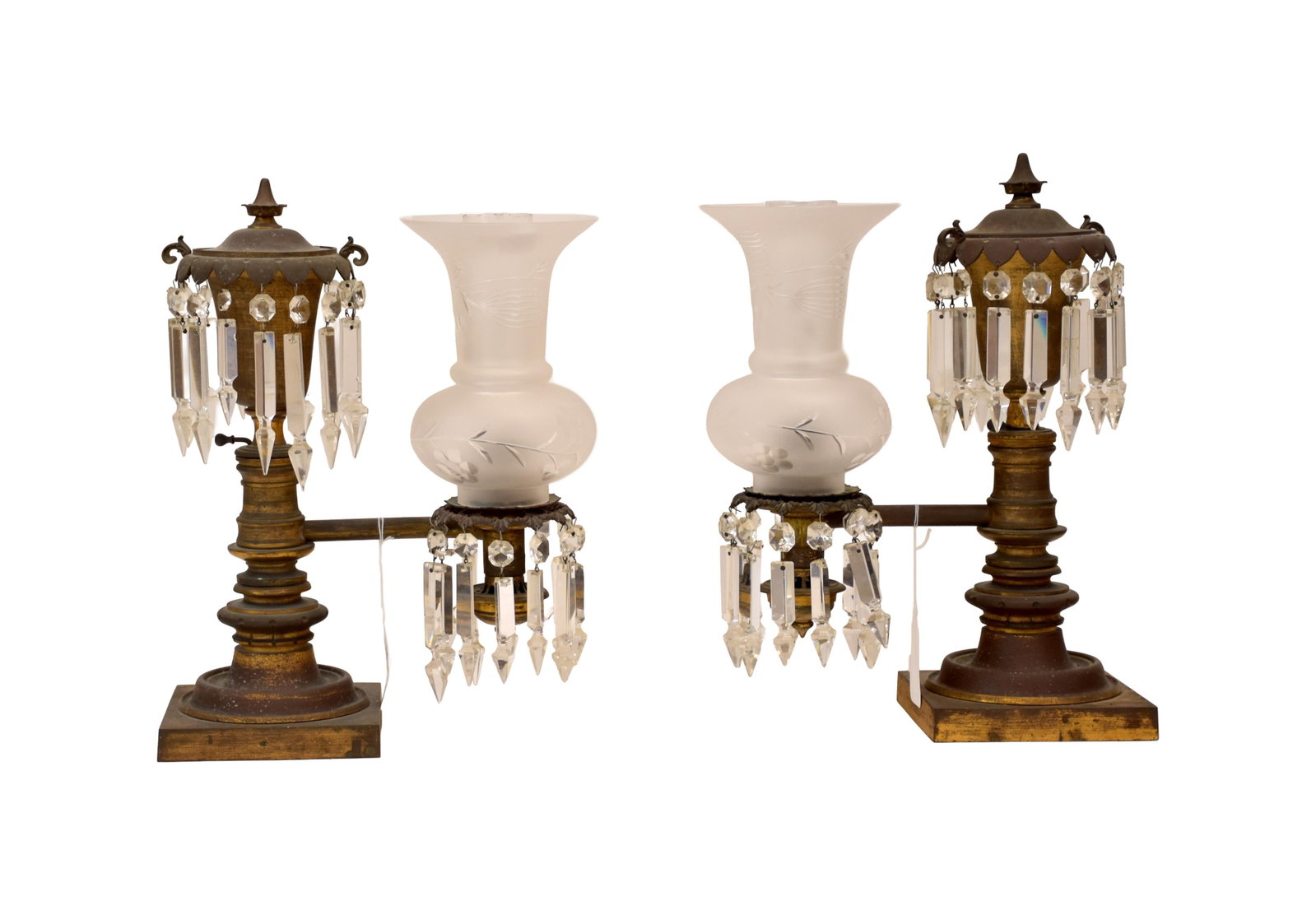 Pair of Bronze and Brass Argand Lamps: 19th C. Cut frosted glass shades and frosted glass leaded chimneys. Cut glass drop prisms. Signed: "B. Gardiner, New York". 15" high x 11" wide. 13.4 lbs. each. Provenance: Estate of Alfred J.