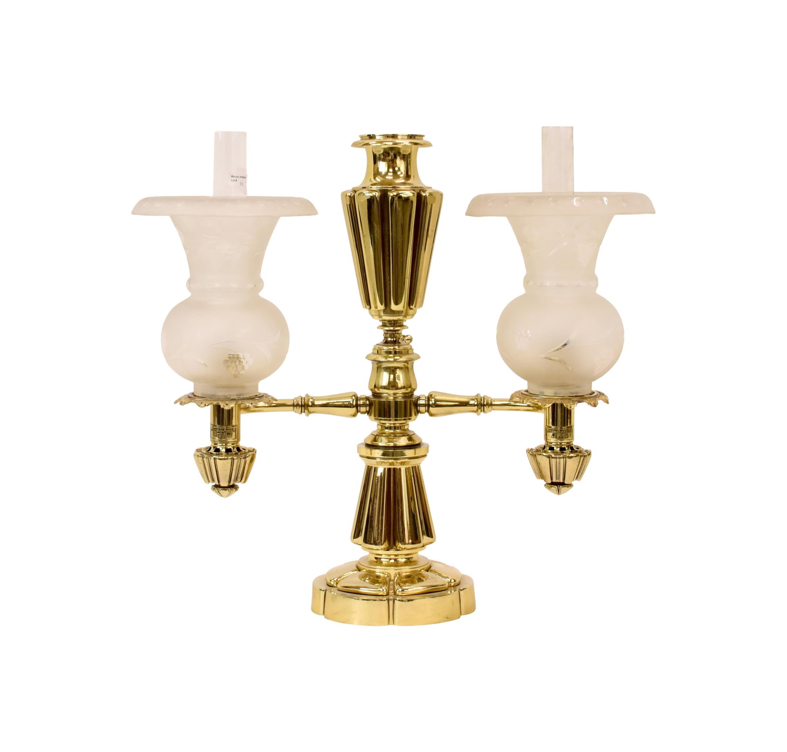 Gilt Bronze Double-Arm Argand Lamp: 19th C. Two frosted cut glass shades. Manufactured by "John Jones, Boston". 20" high x 17" wide x 7 1/2" diameter of shades. 20 lbs. with shades. Provenance: Estate of Alfred J. Walker, legendary art